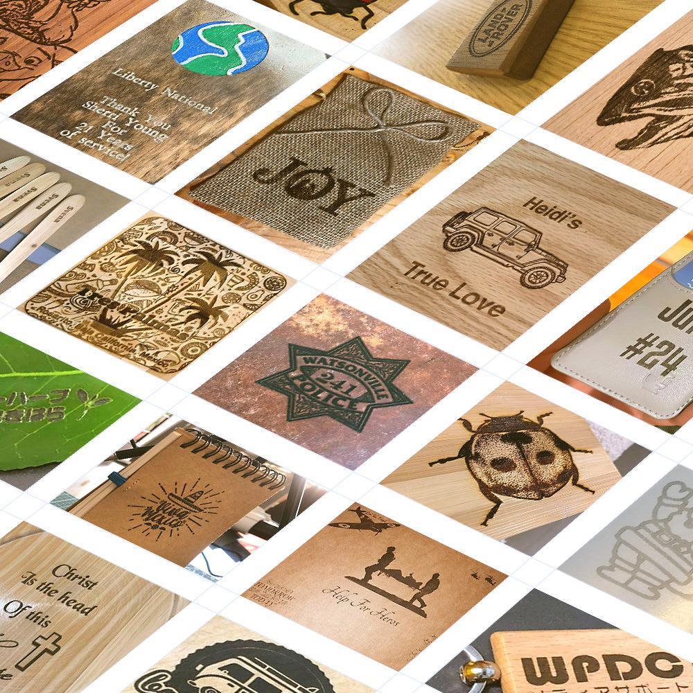 A collage of diverse laser-engraved projects with LP1 Pro on wood, metal, fabric, and leather, including personalized signs, logos, art, and text, showcasing the creative flexibility of laser engraving technology.
