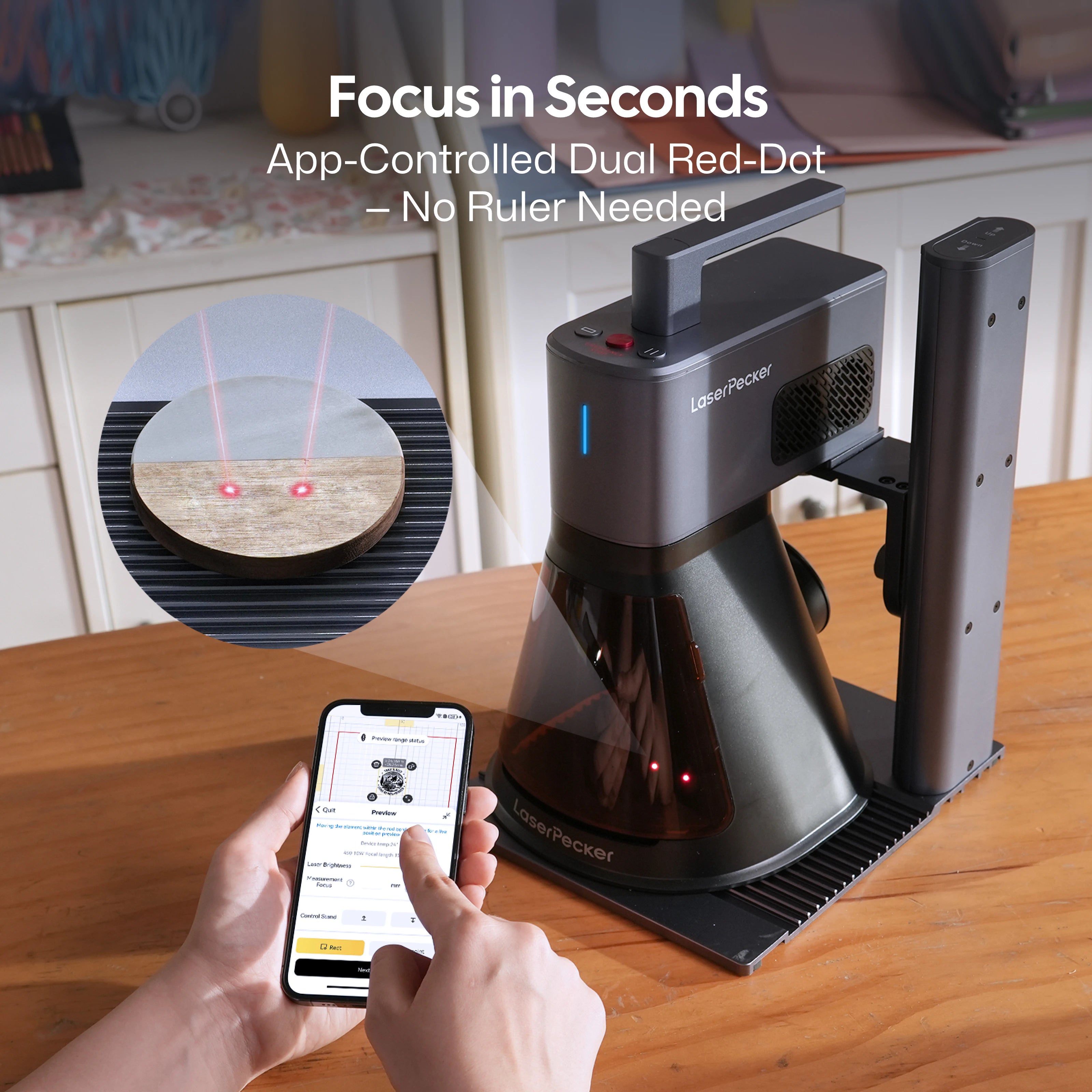 LaserPecker laser engraver featuring app-controlled dual red-dot focusing, enabling precise alignment in seconds without a ruler, with the slogan "Focus in Seconds".
