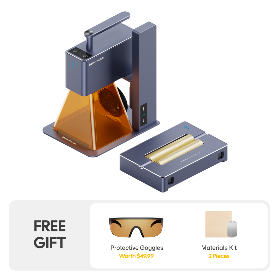 LaserPecker LP2 Suite bundle: portable engraver with a roller extension for cylindrical items, bundled with free protective goggles (worth $49.99) and a 2-piece materials kit, ready for both flat and curved engraving projects.