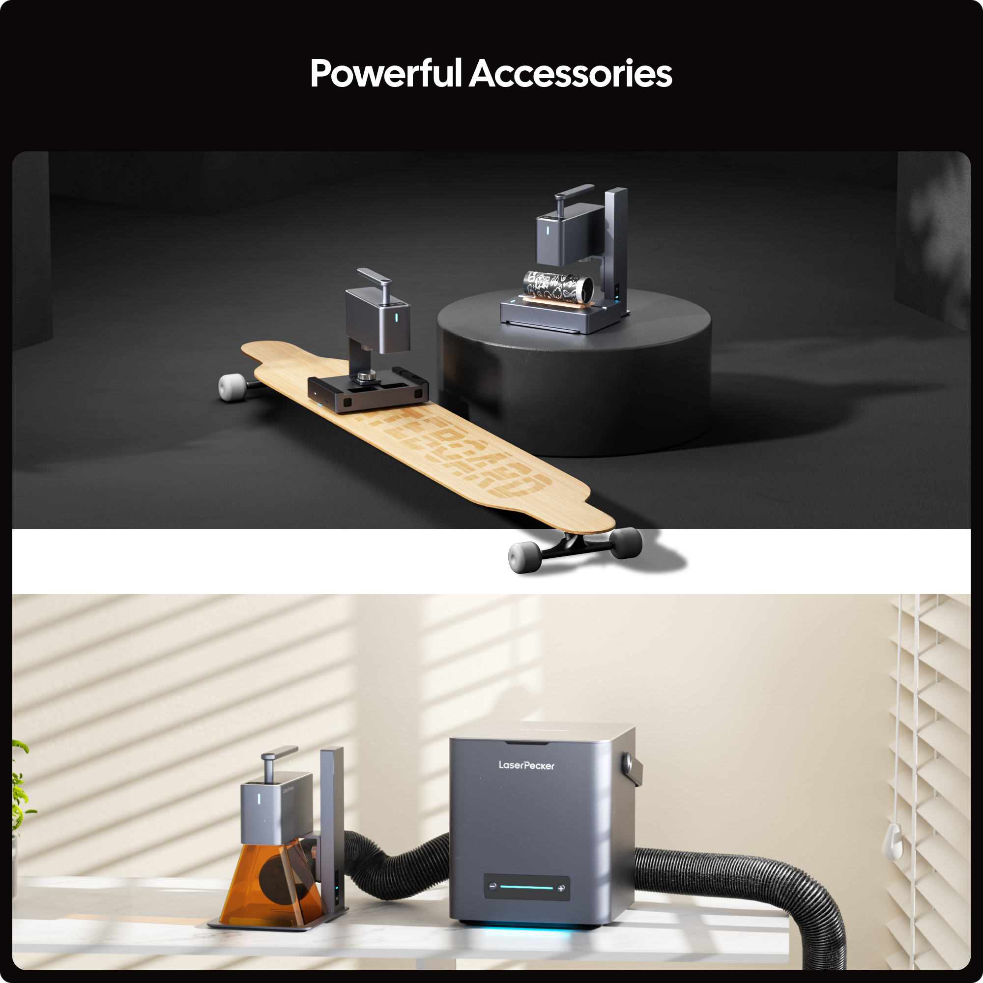 LaserPecker LP2 with powerful accessories: a rotary extension for curved surfaces like skateboards and tumblers, and a smoke purifier for a clean, safe workspace.