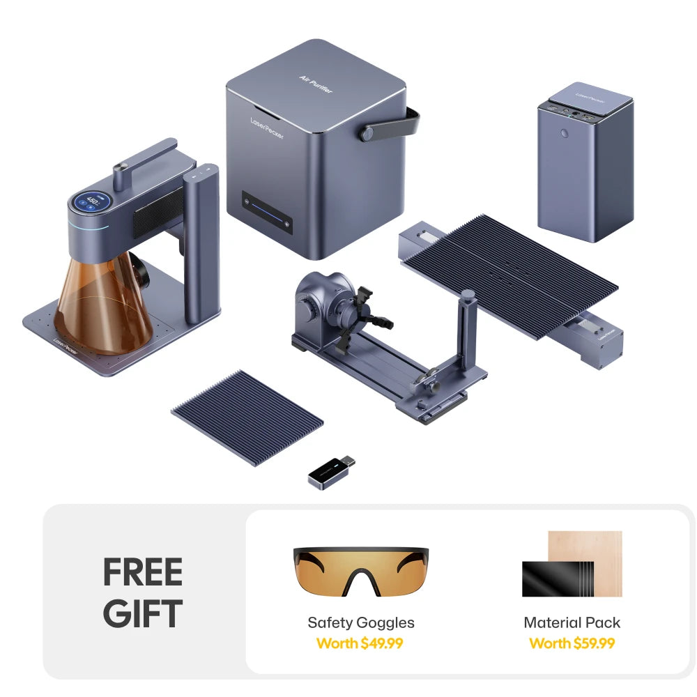 LaserPecker LP4 Deluxe Bundle includes a laser engraver for home use that can handle wood as a diode laser cutter and metal as an IR laser engraver, accompanied with rotary extension, slide extension, power bank, air purifier, plus free protective goggles and a materials kit.