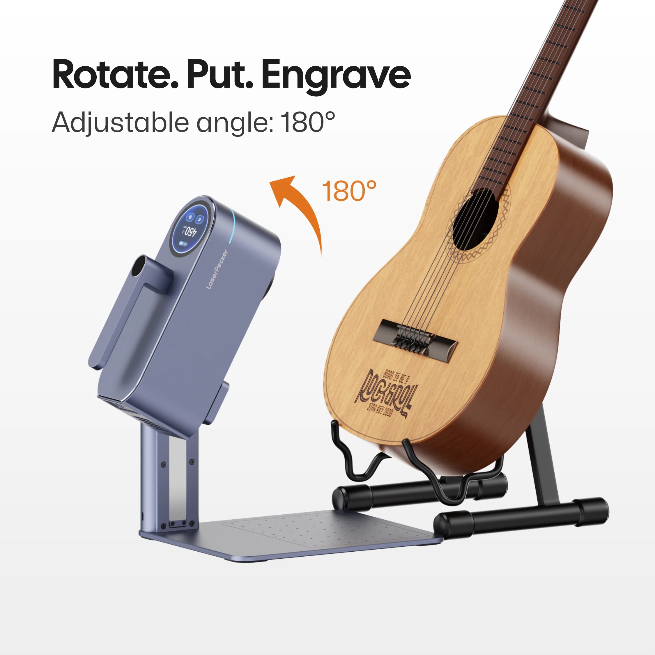 LaserPecker LP4 laser engraver for home use, featuring a 180° adjustable angle for engraving on curved or uneven household surfaces. Shown engraving on an acoustic guitar with the headline above "Rotate. Put. Engrave".