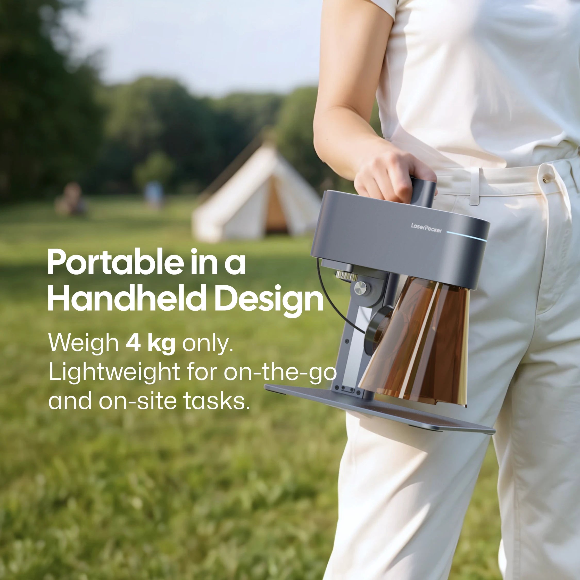 Person carrying a lightweight (4kg) LaserPecker LP4 – a versatile laser engraver for home use that combines a diode laser cutter with an IR laser engraver. Highlights its handheld, portable design for on-the-go and on-site tasks.