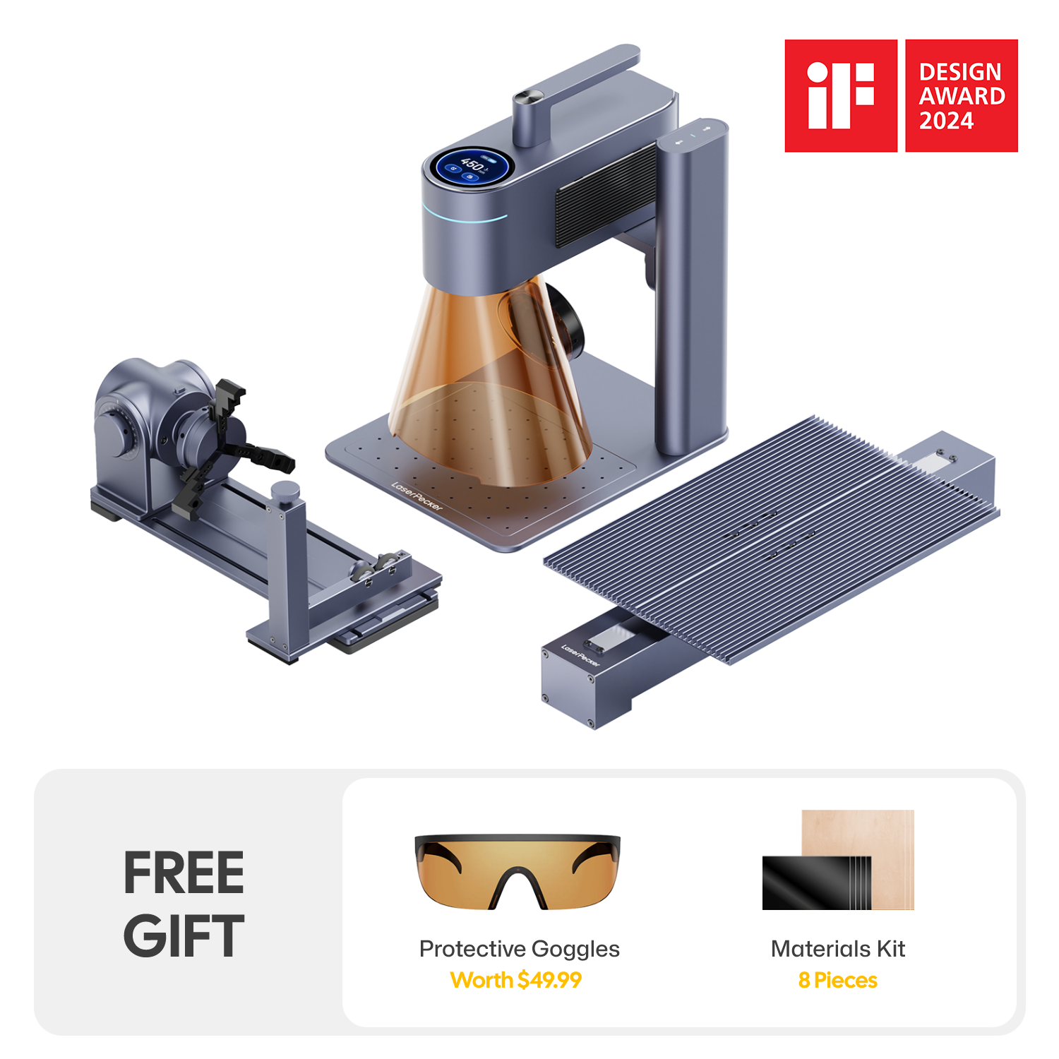 Award-winning LaserPecker LP4: a complete laser engraver for home use, featuring a diode laser cutter for wood/acrylic and an IR laser engraver for metals. Business Bundle includes main unit, rotary attachment, extended engraving table, plus free protective goggles ($49.99 value) and 8-piece materials kit.