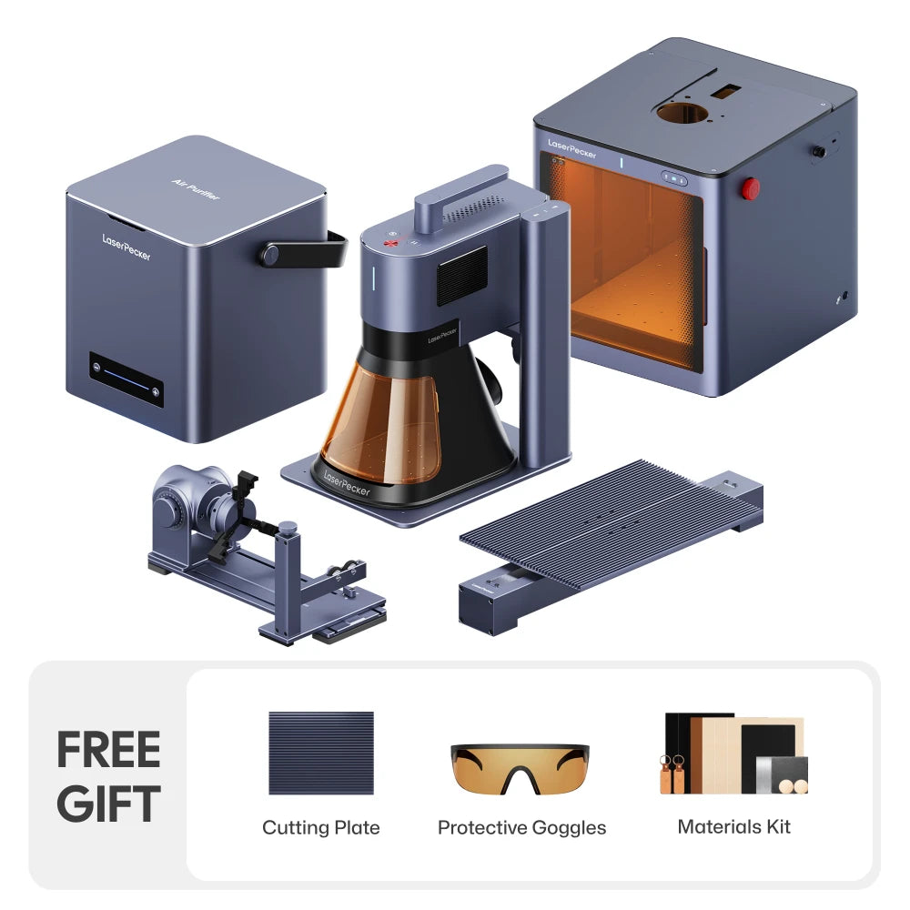 LaserPecker LP5 Deluxe Bundle comprises a fiber laser engraver featuring a diode laser cutter, a rotary extension, a slide extension, an air purifier, a fully enclosed safety enclosure, and a free gift including a cutting plate, protective goggles, and a material kit.