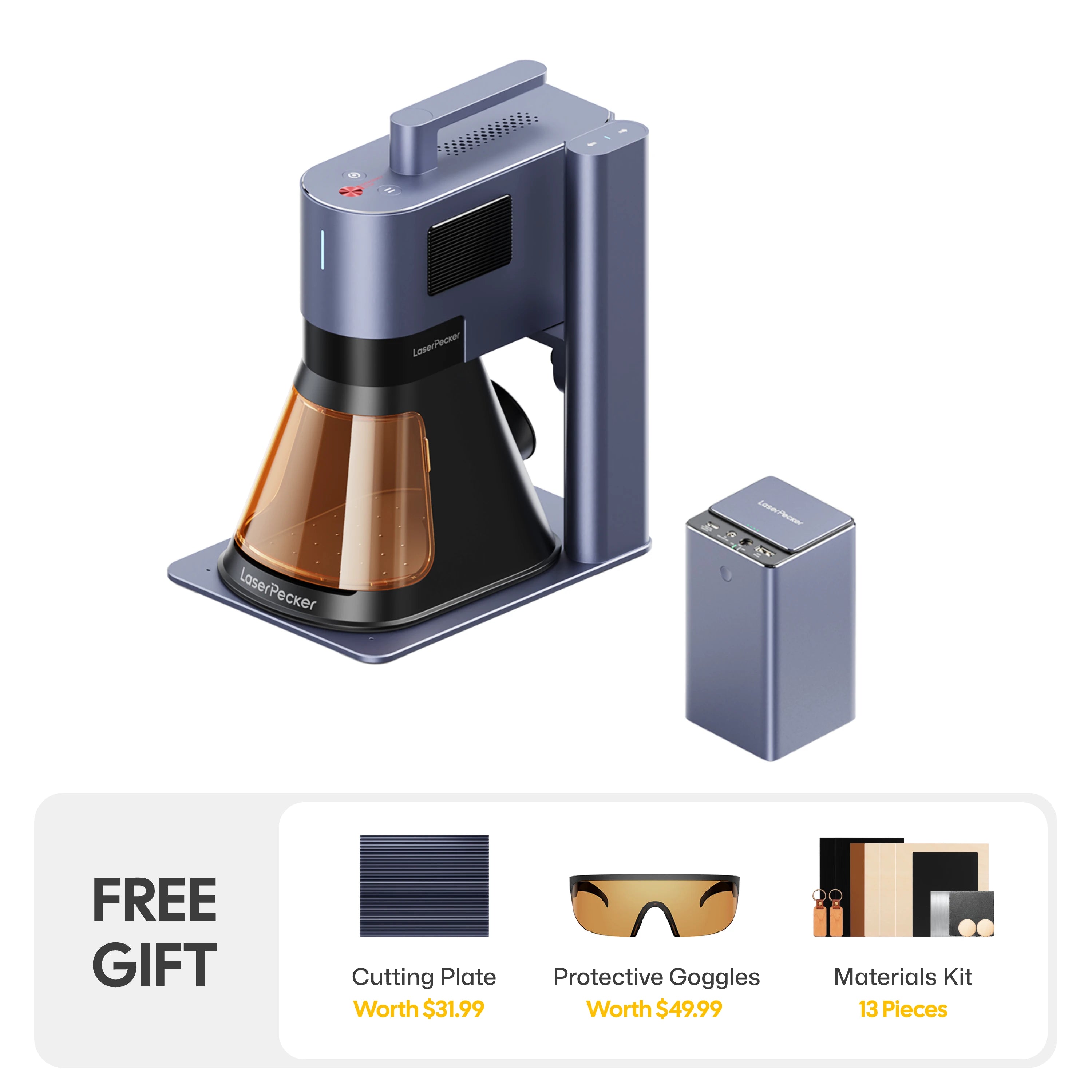 LaserPecker LP5 fiber laser engraver featuring a diode laser cutter, paired with a portable power bank Powerpack Plus, and a free gift bundle including a cutting plate, protective goggles, and a 13-piece materials kit.