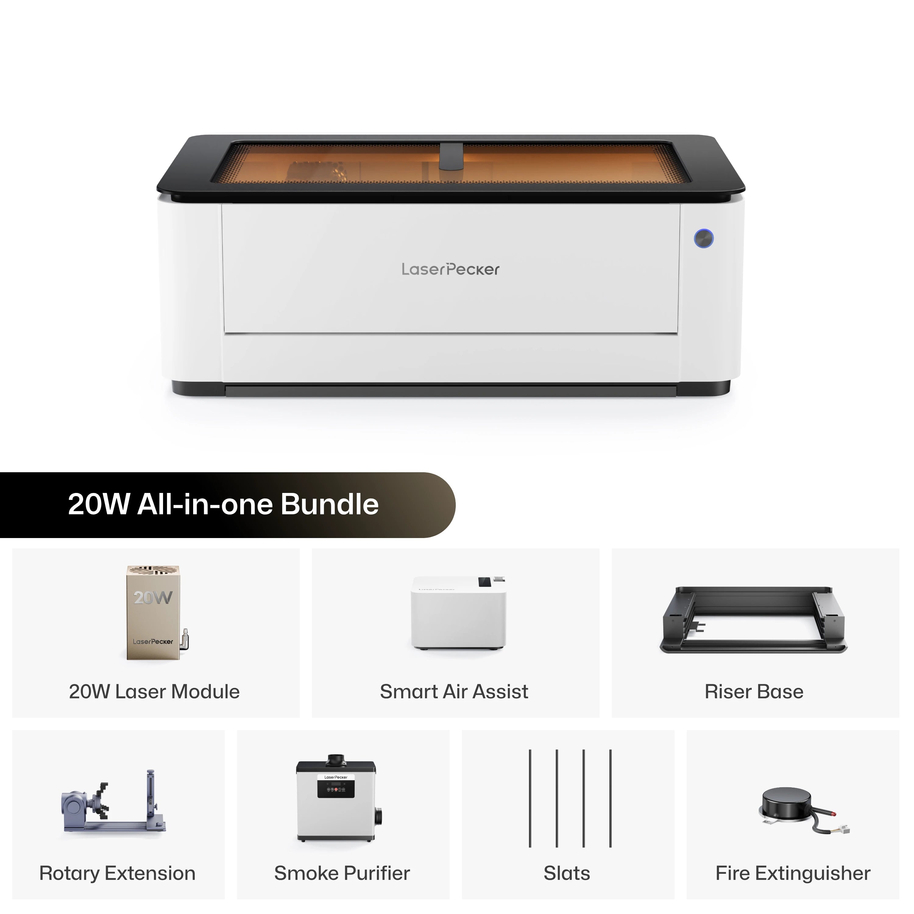 LaserPecker 20W All-in-one Bundle desktop laser cutter, including the main engraver machine, 20W laser module, Smart Air Assist, Riser Base, Rotary Extension, Smoke Purifier, slats, and a fire extinguisher, offering a complete entry-level solution for safe and versatile engraving on both flat and curved surfaces.