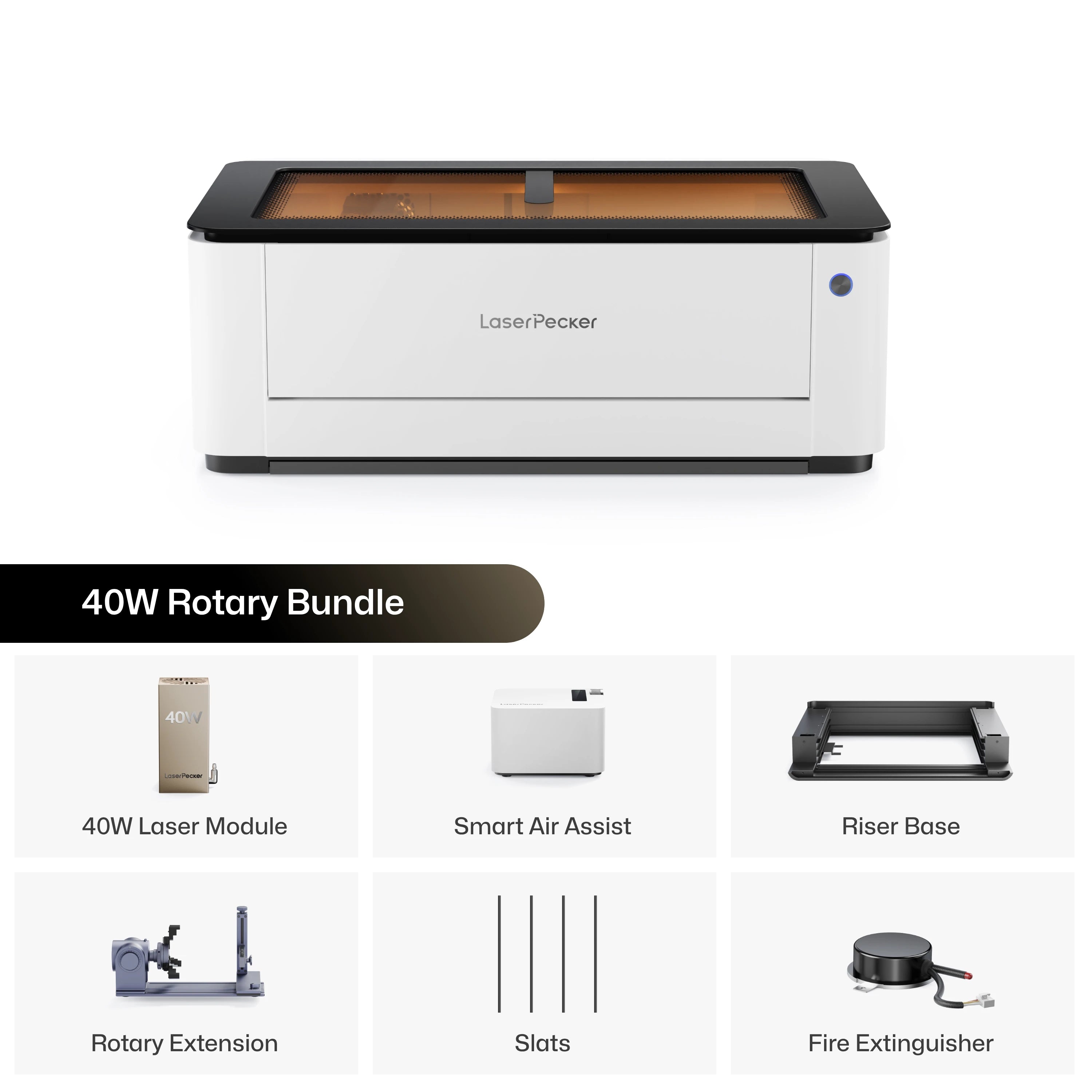 LaserPecker 40W Rotary Bundle desktop laser cutter, including the main engraver machine, 40W laser module, Smart Air Assist, Riser Base, Rotary Extension, slats, and a fire extinguisher, providing a complete solution for engraving both flat and curved surfaces.