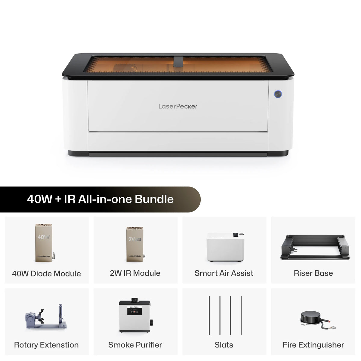 LaserPecker LX2 all‑in‑one desktop diode laser cutter bundle includes the main unit, 40W module, Smart Air Assist, Riser Base, Rotary Extension, slats, air purifier, fire extinguisher, and IR laser — a complete, safe, high‑performance engraving solution.