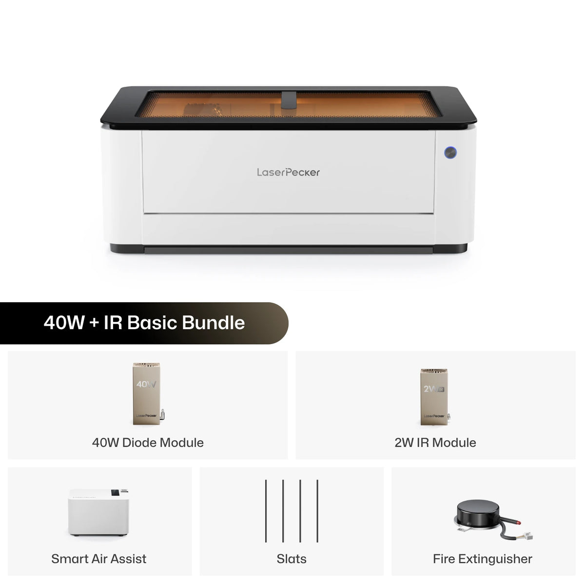 LaserPecker dual laser 40W basic bundle desktop diode laser cutting machine comes with main engraver, 40W module, Smart Air Assist, slats, fire extinguisher, and Infrared laser — a complete, safe, high-performance engraving solution.