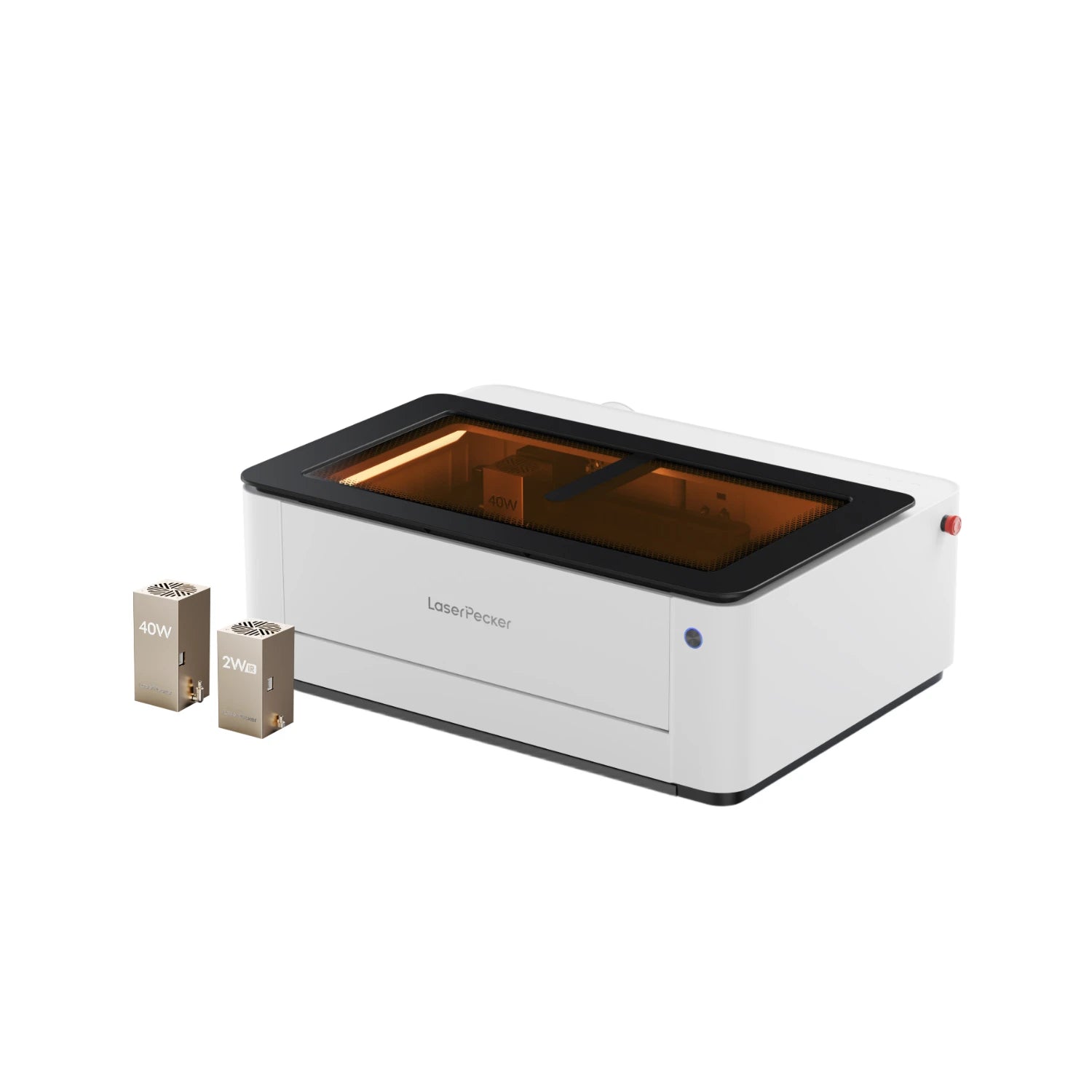 LaserPecker desktop laser cutter LX2 dual laser on a white background. This compact desktop laser cutter features dual laser sources for versatile engraving and cutting.