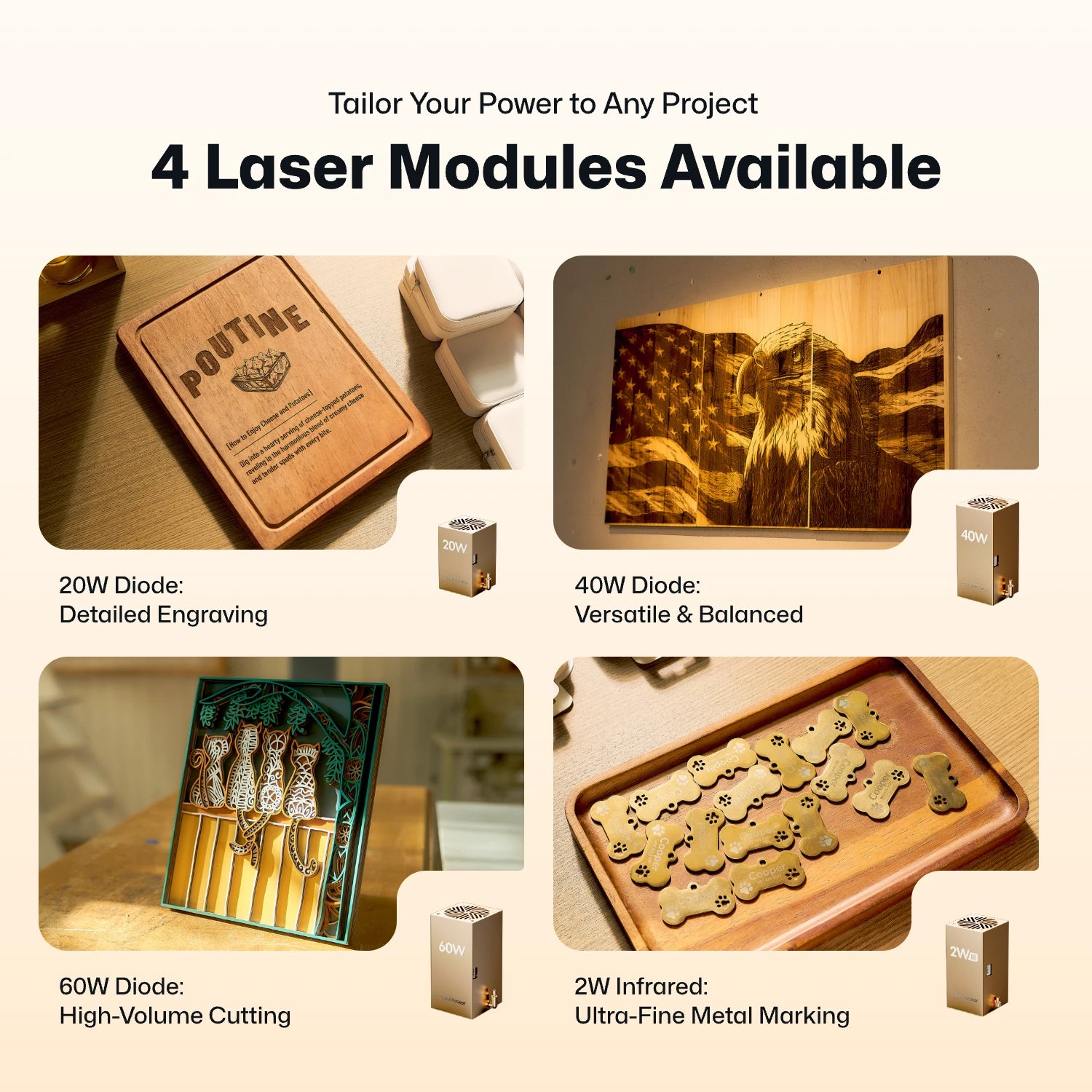 LaserPecker LX2 interchangeable laser modules showcase, highlighting four options: 20W Diode for detailed engraving, 40W Diode for versatile balanced performance, 60W Diode for high-volume cutting, and 2W Infrared for ultra-fine metal marking. Each module is paired with a sample project to illustrate its application.