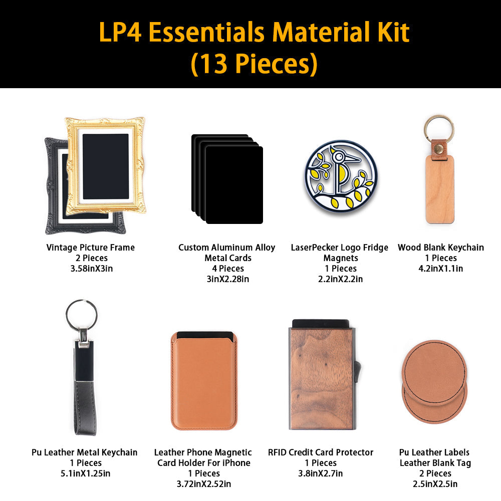 Loyalty materials kit for laser engraving – includes branded accessories, aluminum cards, RFID protector, leather phone holder & hat patches(13 pcs)