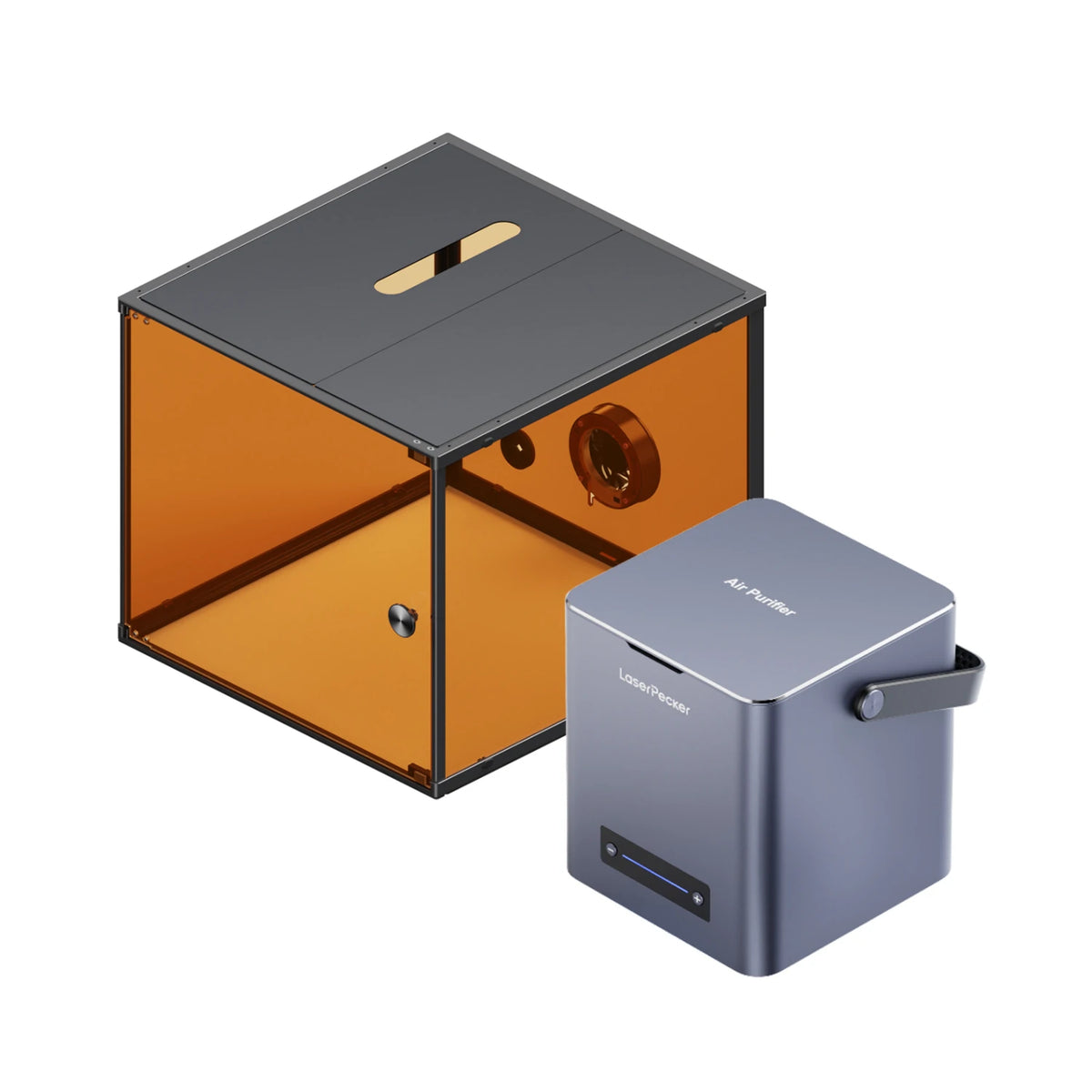 laserpecker desktop air purifier works with standard enclosure for LP2, LP2 Plus and LP4 laser engravers' fume extraction.