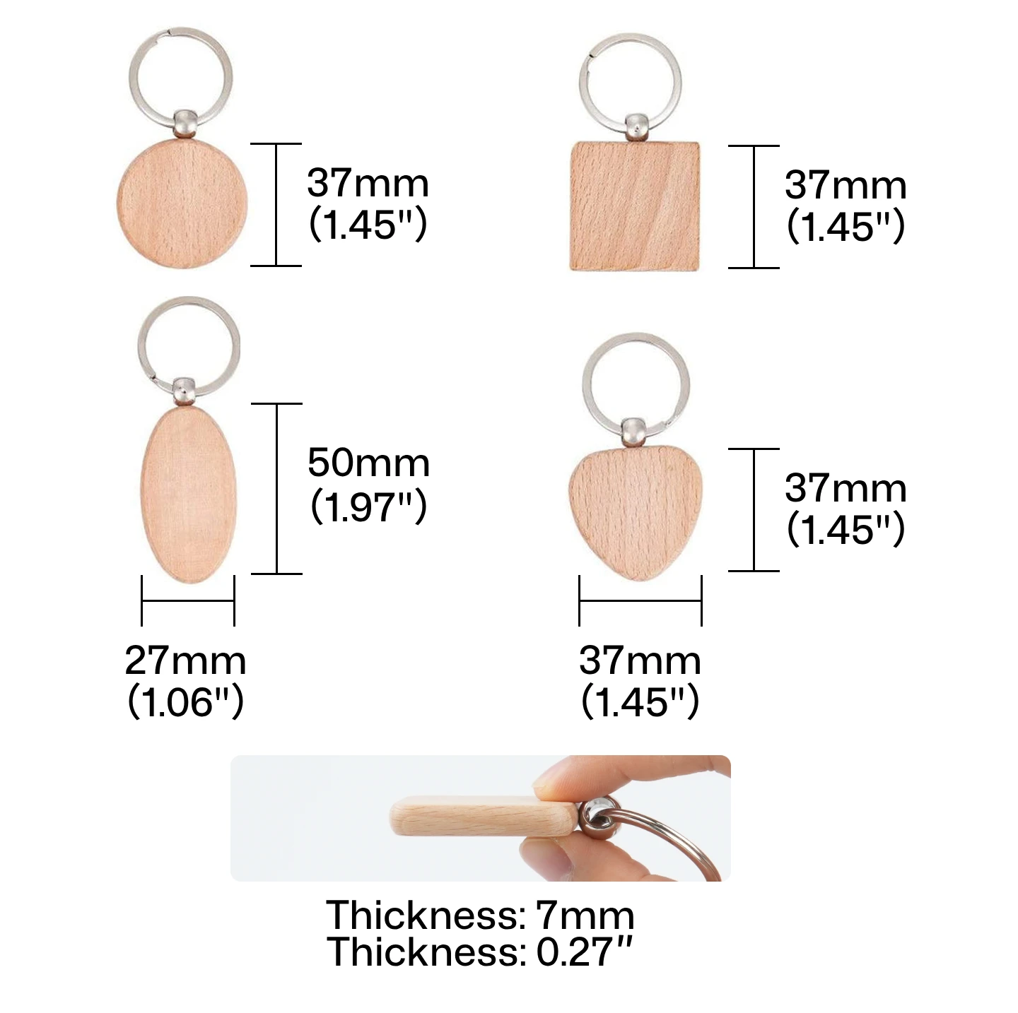 random wooden keychain blanks next to ruler showing various sizes for laser engraving machine setup.