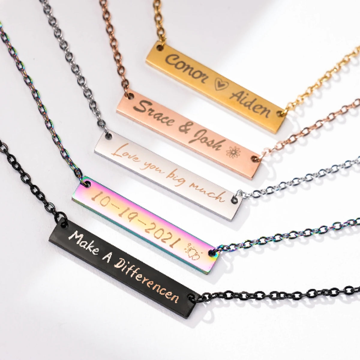 stainless steel bar necklace with laser engraved name and date personalized gift for anniversary birthday.
