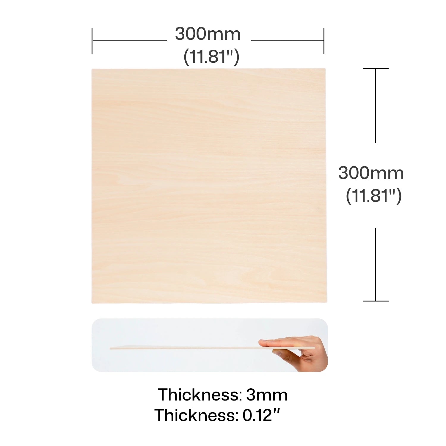 Basswood plywood sheet size diagram 300x300x3mm with thickness measurement.