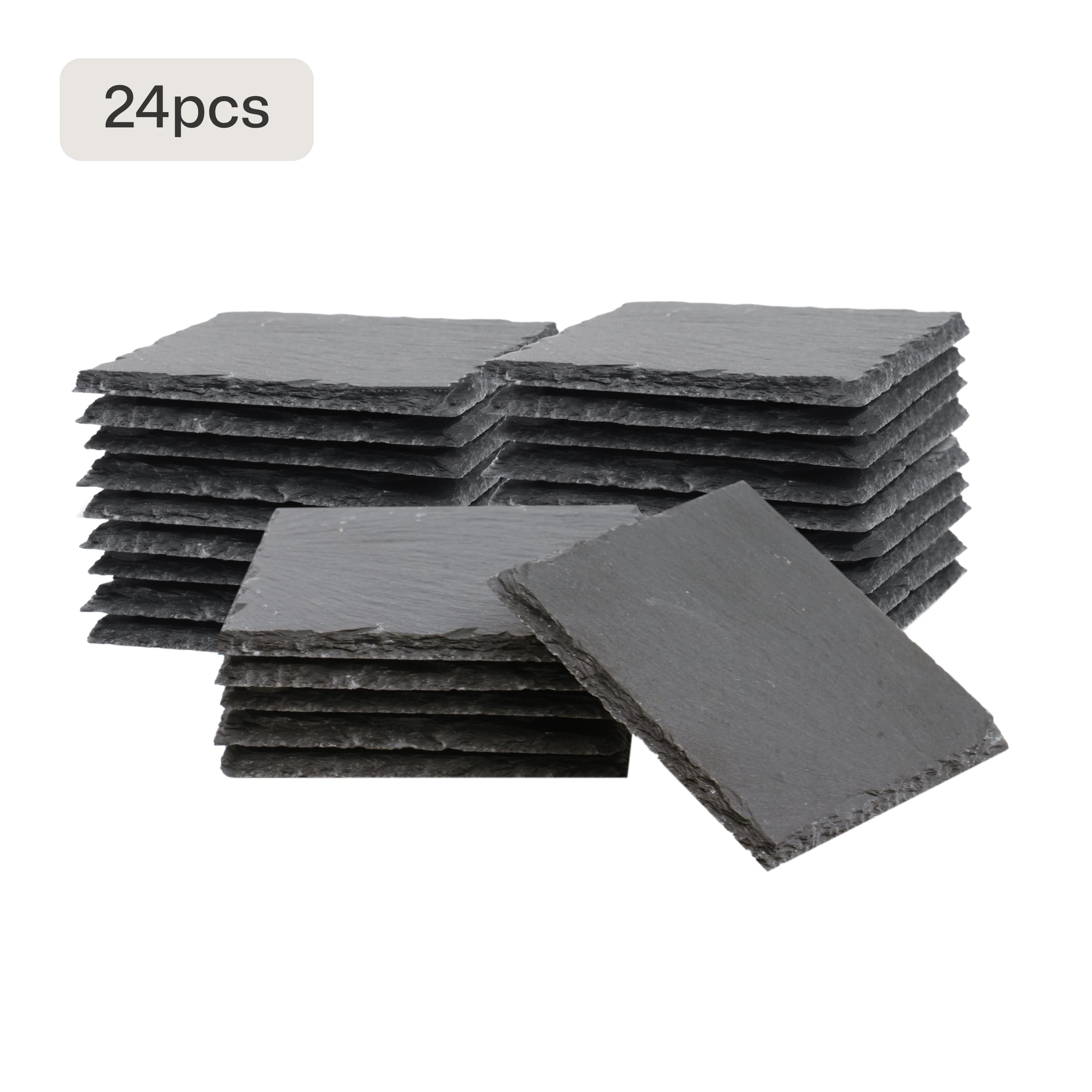 A pack of 24 square black slate coasters with natural, rough edges, presented as blanks for laser engraving custom designs, logos, or text to create elegant, heat-resistant drinkware accessories for home or gifting.