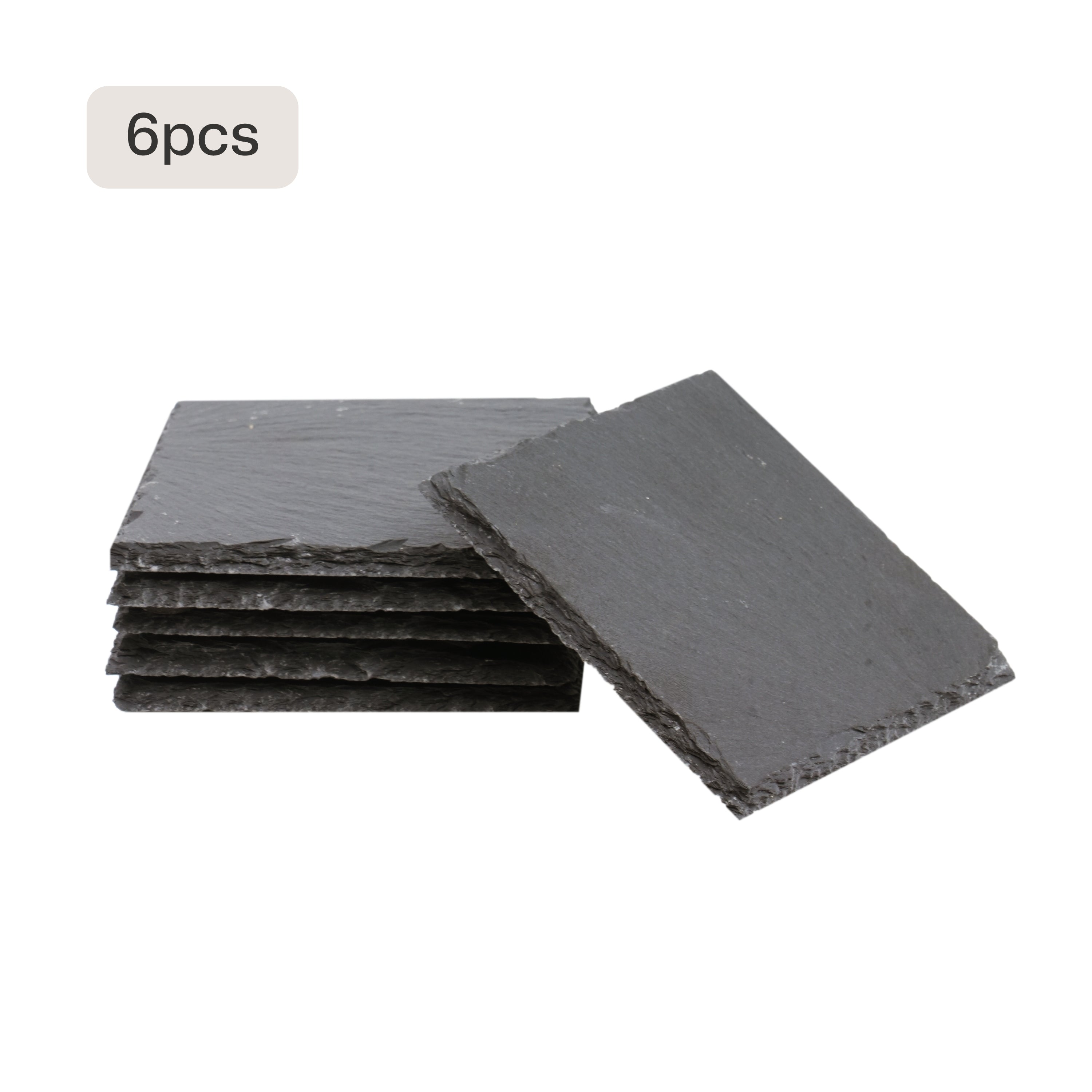 A pack of 6 square black slate coasters with natural, rough edges, presented as blanks for laser engraving custom designs, logos, or text to create elegant, heat-resistant drinkware accessories for home or gifting.