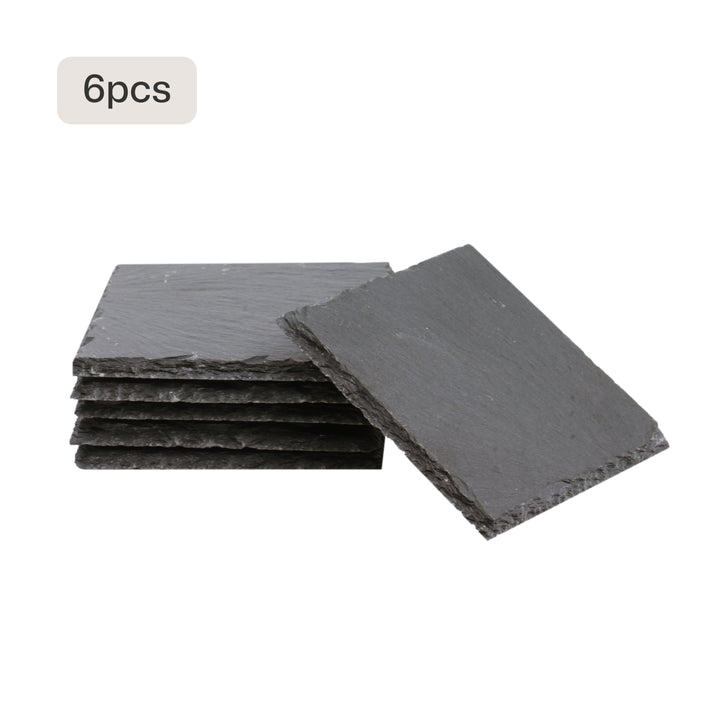 A pack of 6 square black slate coasters with natural, rough edges, presented as blanks for laser engraving custom designs, logos, or text to create elegant, heat-resistant drinkware accessories for home or gifting.