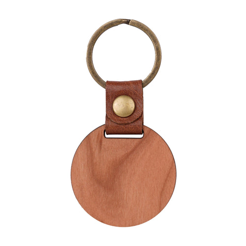 round cherry wood keychain blank with smooth surface for laser engraving custom text or logo natural wood grain.