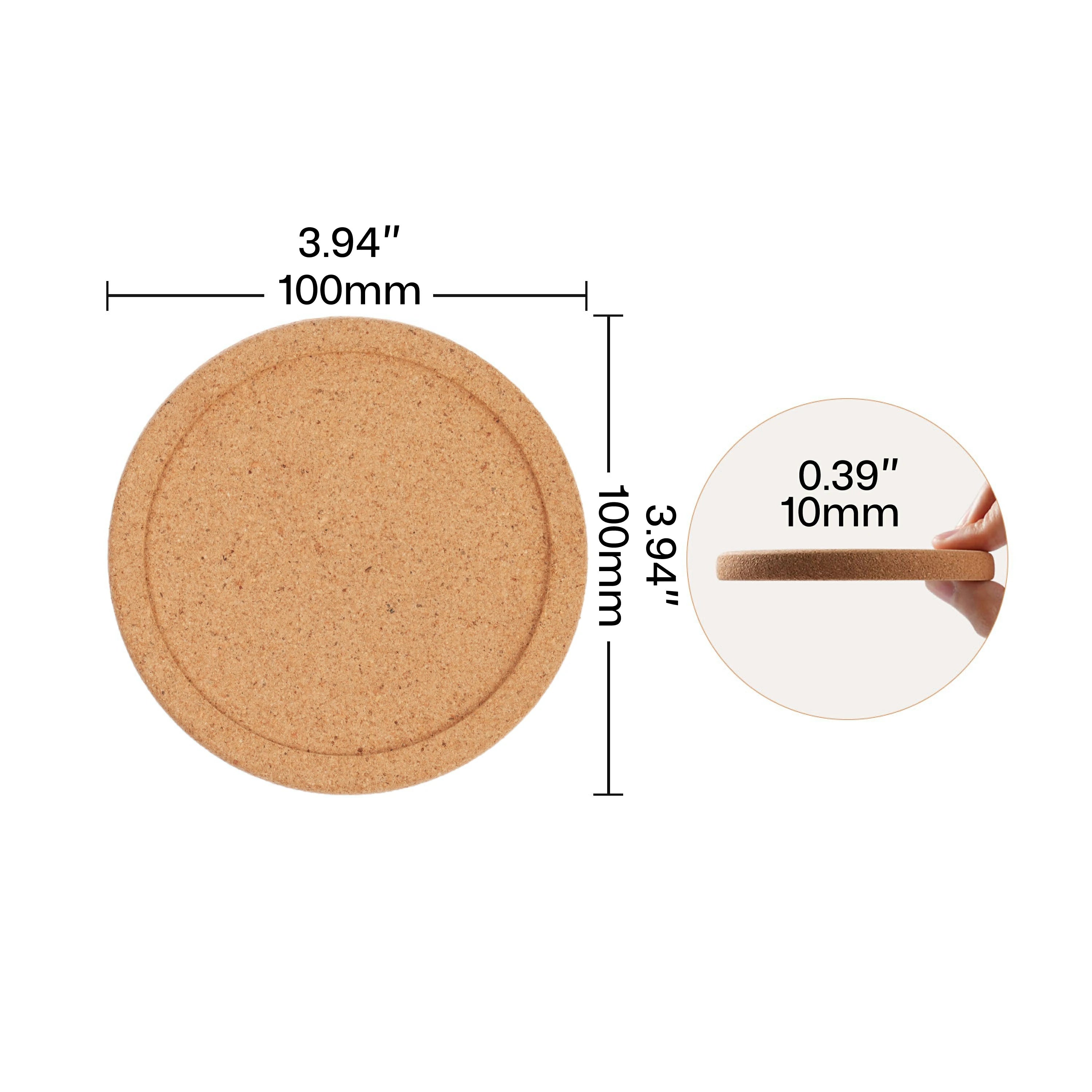 Dimensional specification of a round cork coaster blank for laser engraving, showing a 100mm (3.94") diameter and 10mm (0.39") thickness, presented as a durable, eco-friendly material for creating personalized drink coasters.