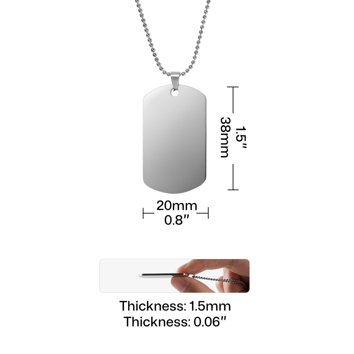 A technical size specification diagram for a blank stainless steel dog tag necklace, showing the pendant dimensions: 38mm (1.5") in height, 20mm (0.8") in width, and 1.5mm (0.06") in thickness, paired with a beaded ball chain.