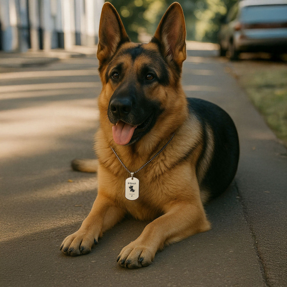 A German Shepherd dog lying on a sunlit urban sidewalk, wearing a personalized stainless steel dog tag necklace with a beaded ball chain. The tag features a custom silhouette of a dog and engraved text, serving as both a stylish accessory and an identification tool.
