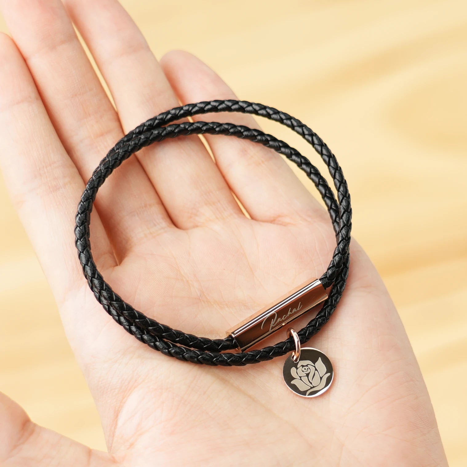 braided leather bracelet with stainless steel rod blank for laser engraving adjustable cord wrap bracelet.