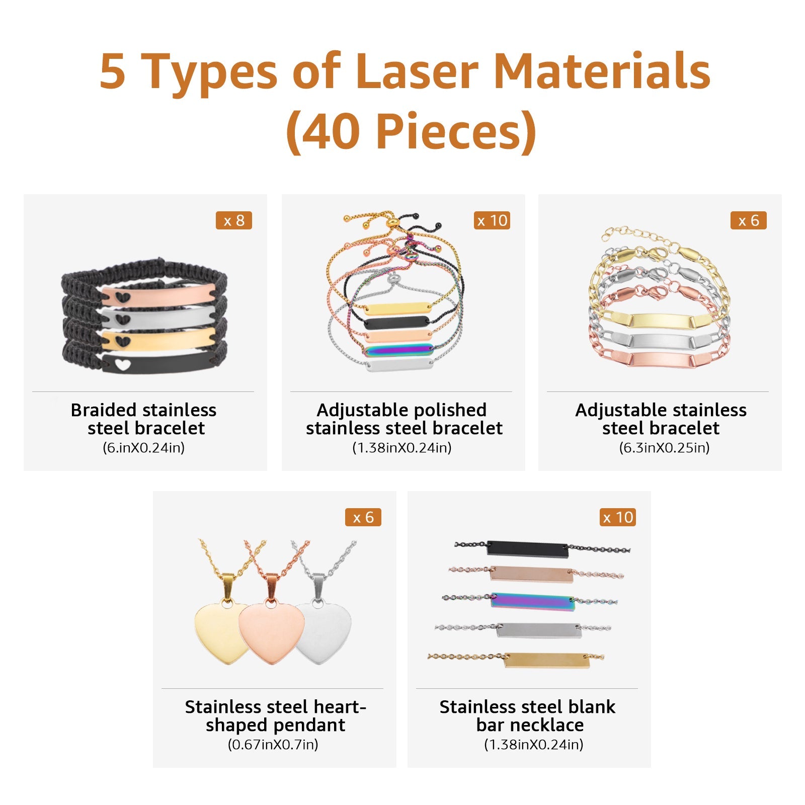 A collection of 40 pieces of laser engraving jewelry blanks, featuring 5 types of stainless steel accessories: braided bracelets, adjustable polished bracelets, adjustable bracelets, heart-shaped pendants, and blank bar necklaces, presented as materials for creating personalized, laser-engraved gifts and accessories.