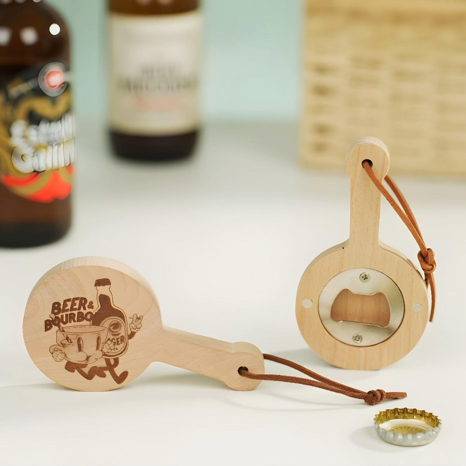 pan shaped bottle opener in use on beer bottle laser engraved custom kitchen tool for home bar.