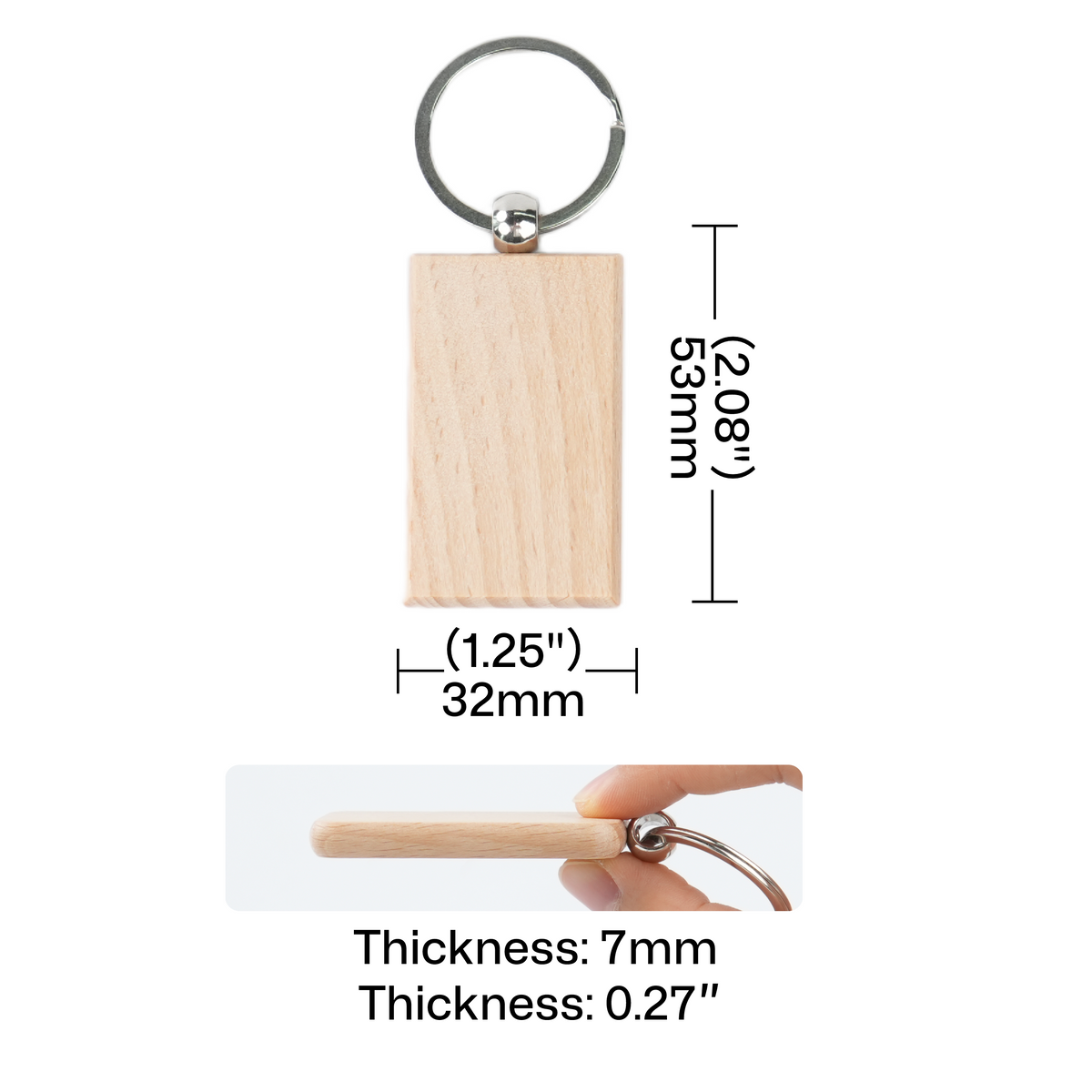 rectangular wooden keychain blank with length width and thickness dimensions for laser engraving machine setup.