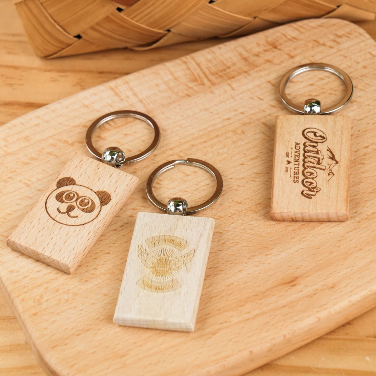 rectangular wooden keychain with laser engraved name and heart for personalized gift bridesmaid proposal.