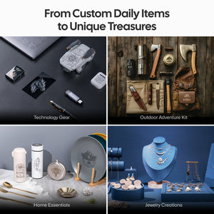 Usage Scenarios of Laser Engraving Machines: Technology gear, Outdoor adventure kit, home essentials, jewelry creations.