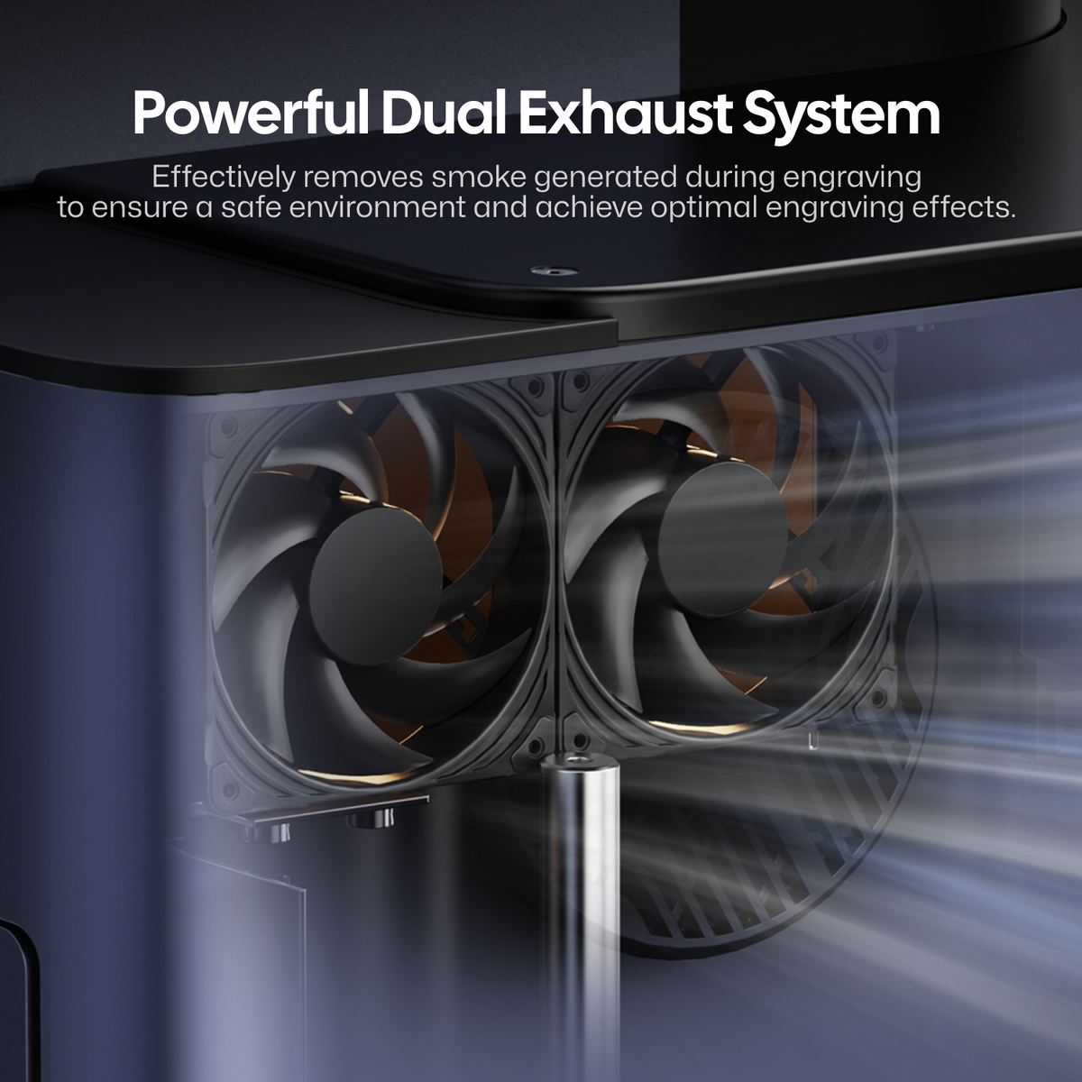 LaserPecker safety enclosure showcasing its powerful dual-exhaust fan system, designed to efficiently remove smoke and fumes generated during engraving. This maintains a safe working environment and prevents smoke from interfering with laser precision, ensuring optimal engraving results.