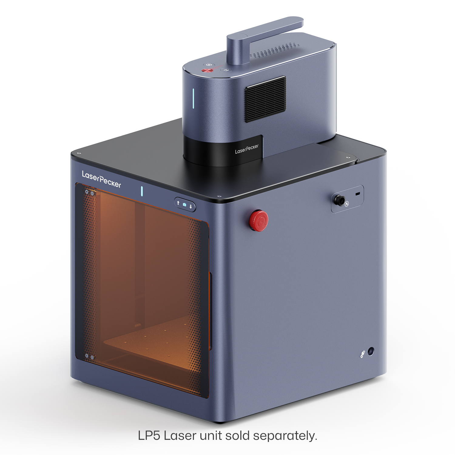 LaserPecker safety enclosure featuring a modular design with a separate laser unit (sold separately). The fully enclosed chamber with an orange safety window and emergency stop button emphasizes safety, while the compact, stackable layout optimizes workspace efficiency.