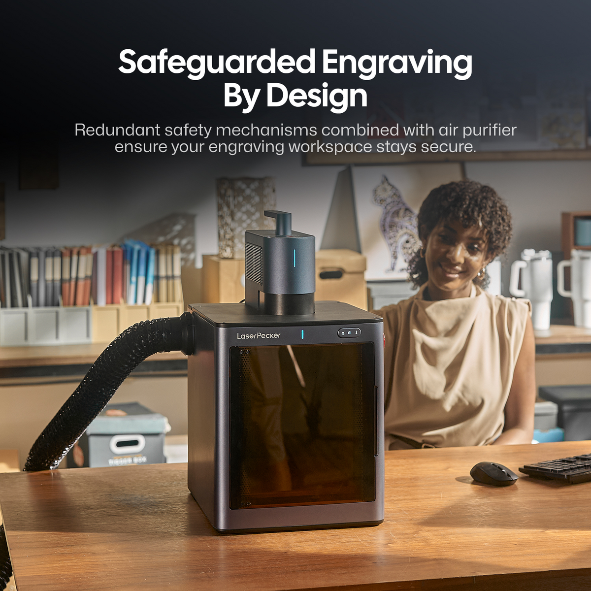 laserpecker lp5 safety enclosure with air purifier for secure laser engraving workspace.