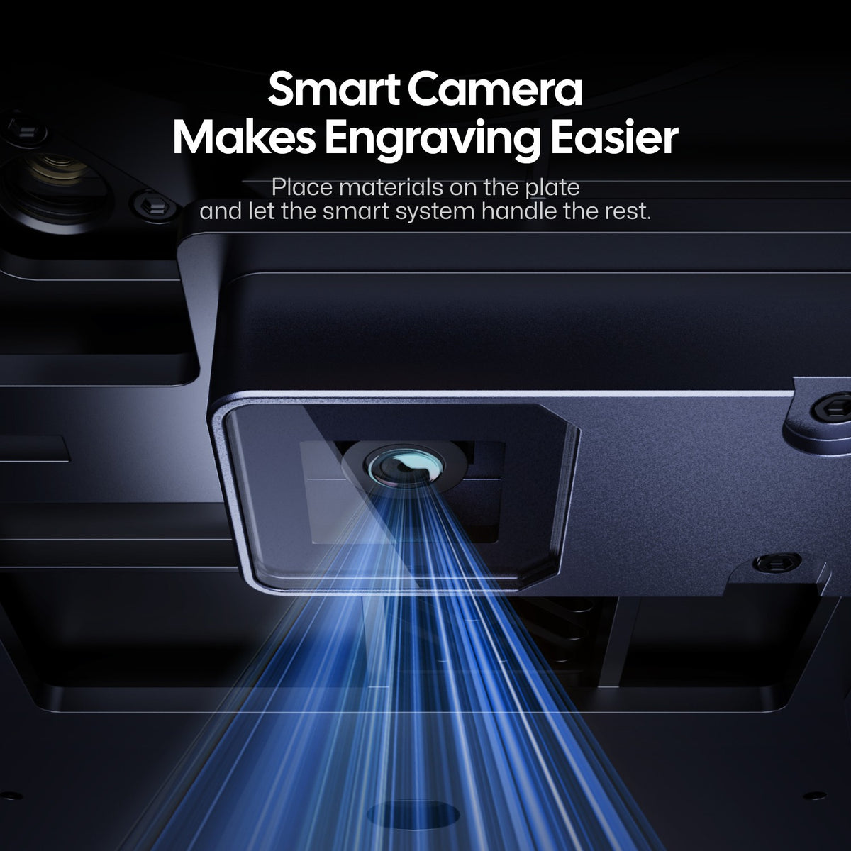 Close-up of the LaserPecker safety enclosure. The camera automatically detects material placement and positions designs accurately, eliminating manual alignment and making engraving accessible to beginners.