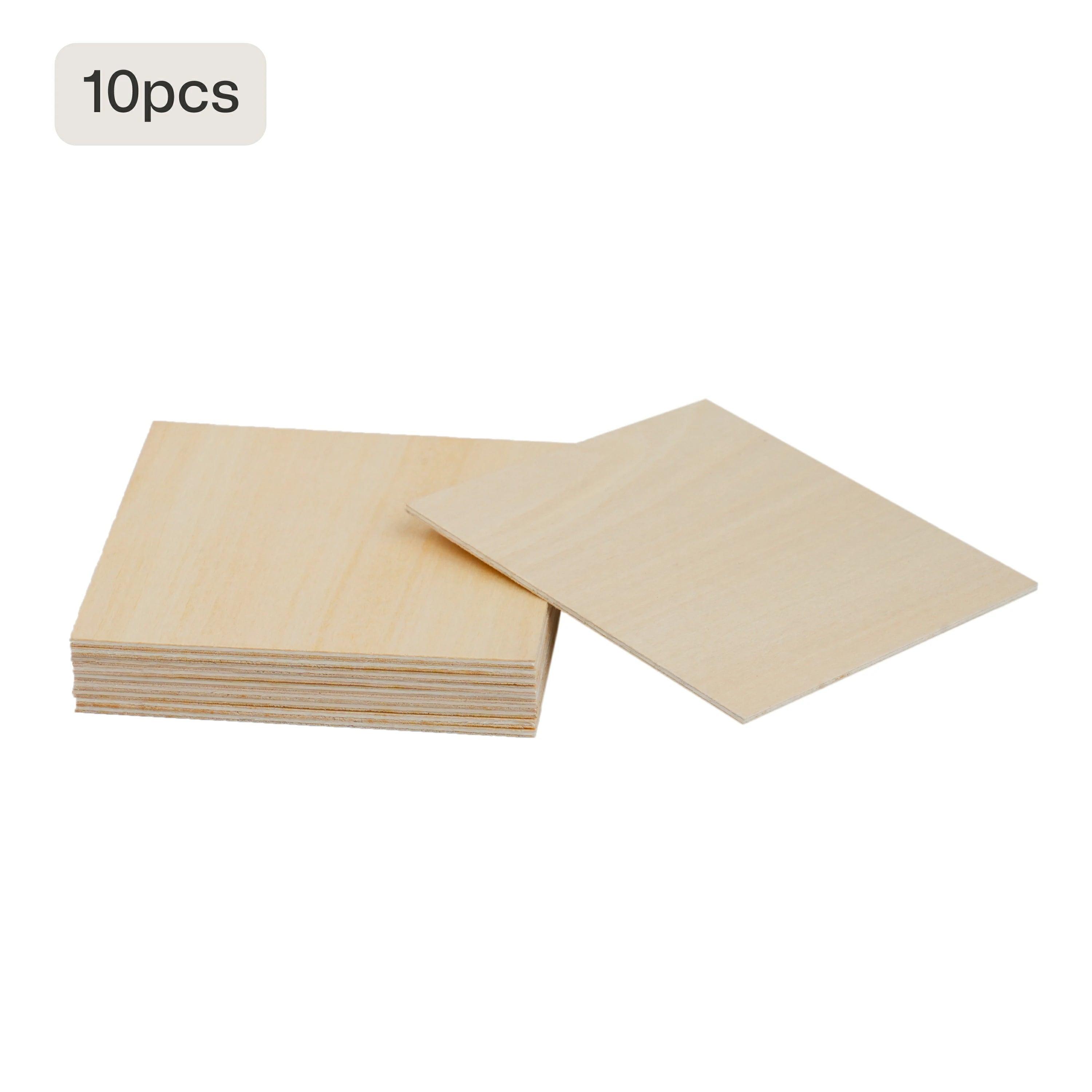 Pack of 10 unfinished square plywood sheets, presented as blank materials for laser engraving, DIY crafts, and custom projects, shown stacked against a clean white background.