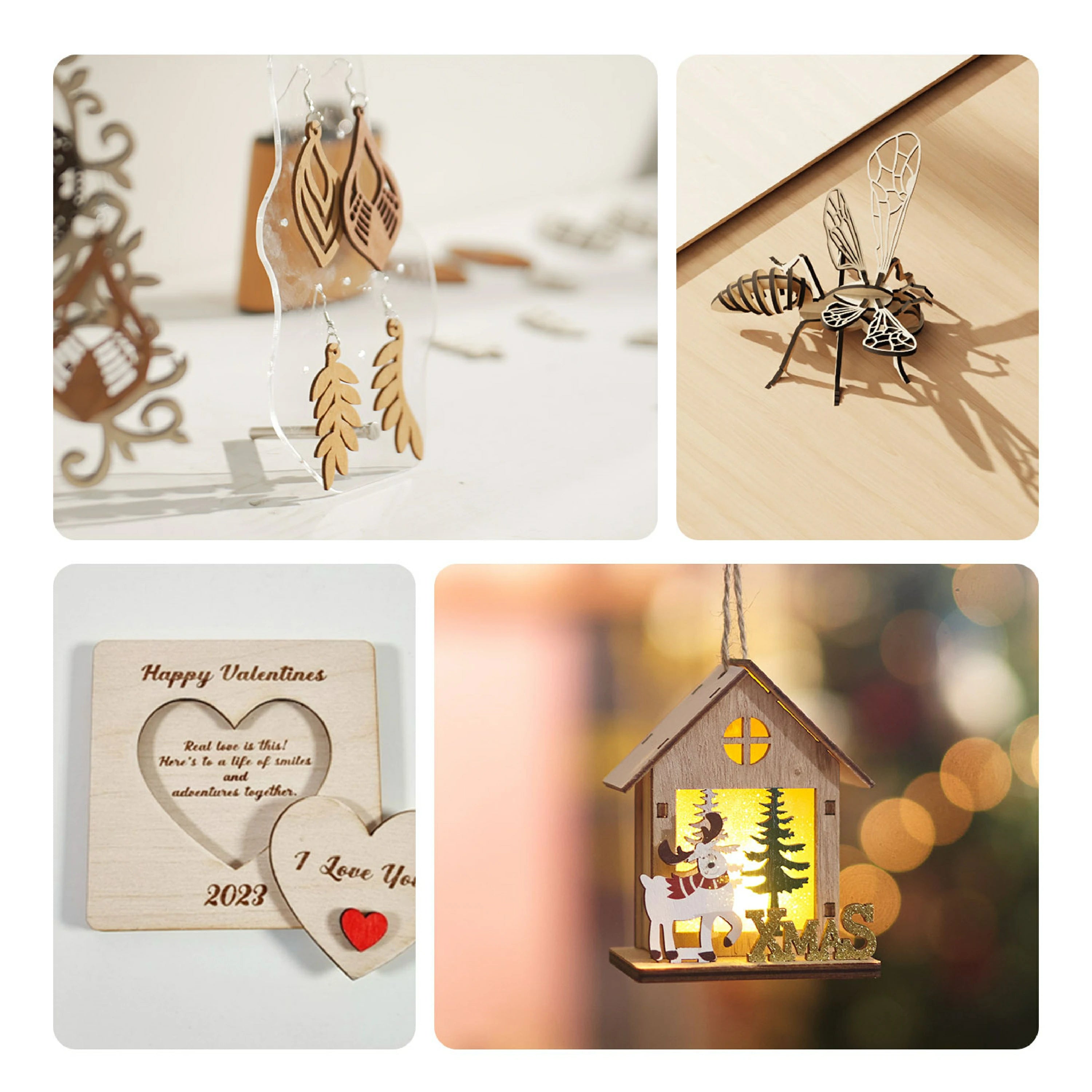 Collage showcasing diverse DIY projects made from laser engraving wood blanks, including holiday-themed earrings, a 3D laser-cut insect model, a personalized Valentine's Day plaque, and a lit Christmas house ornament, demonstrating the creative versatility of wood laser engraving materials.