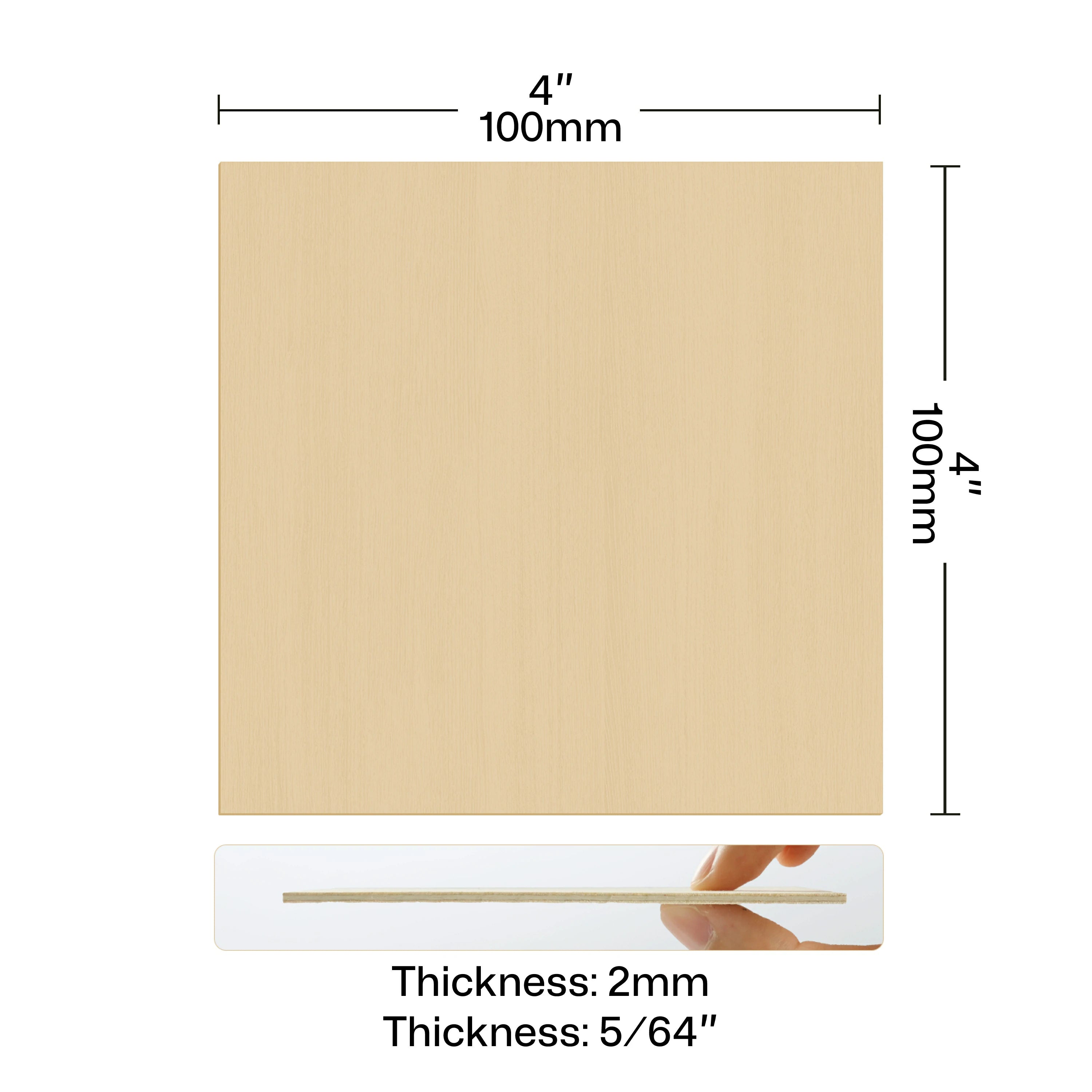 Dimensional specification of an unfinished square plywood sheet for laser engraving, showing a 4" (100mm) x 4" (100mm) surface area and a 2mm (5/64") thickness, ideal for DIY crafts and laser-cut projects.
