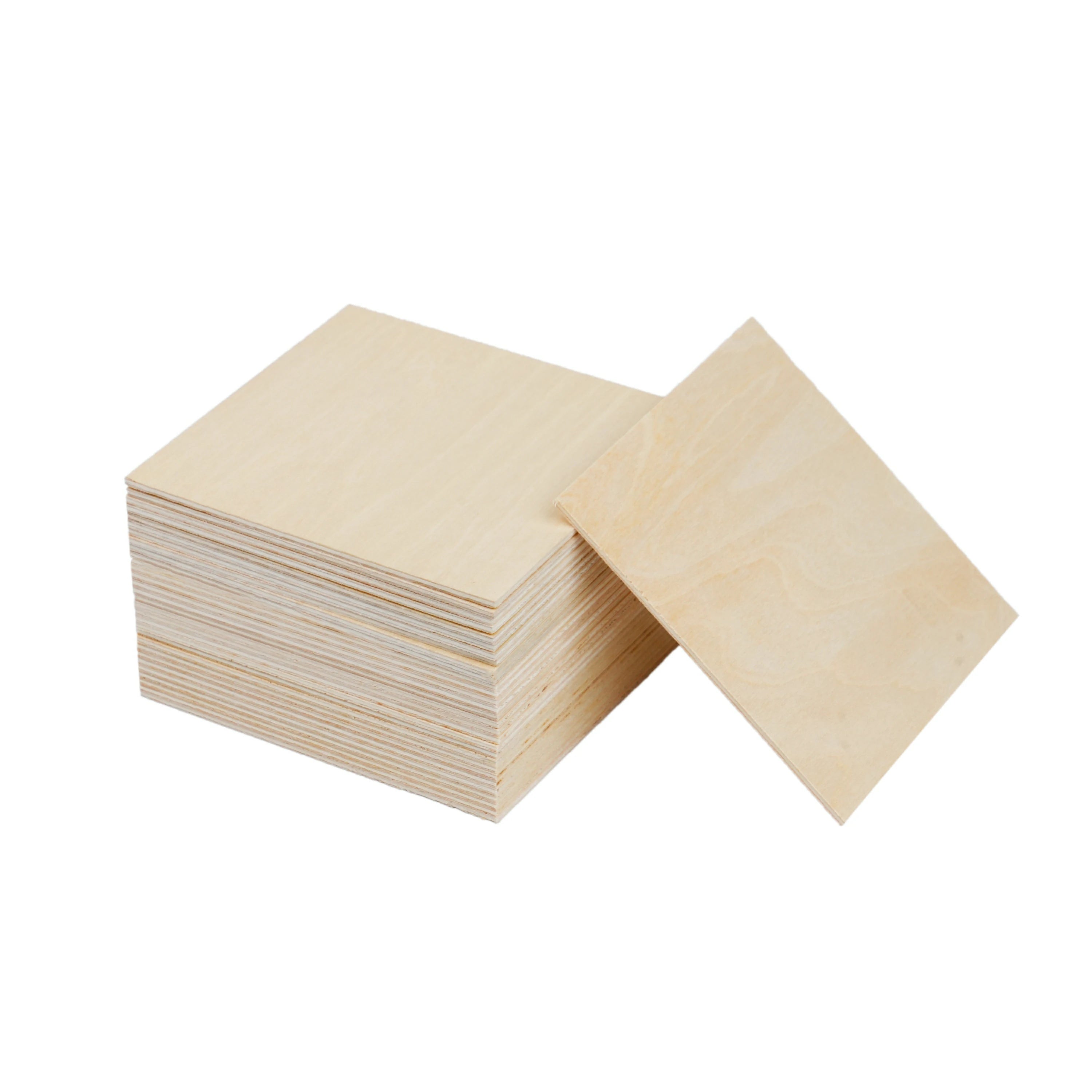 Stack of smooth, unfinished square plywood sheets, ideal as blank laser engraving materials for DIY crafts, custom signs, and decorative projects, shown against a clean white background.