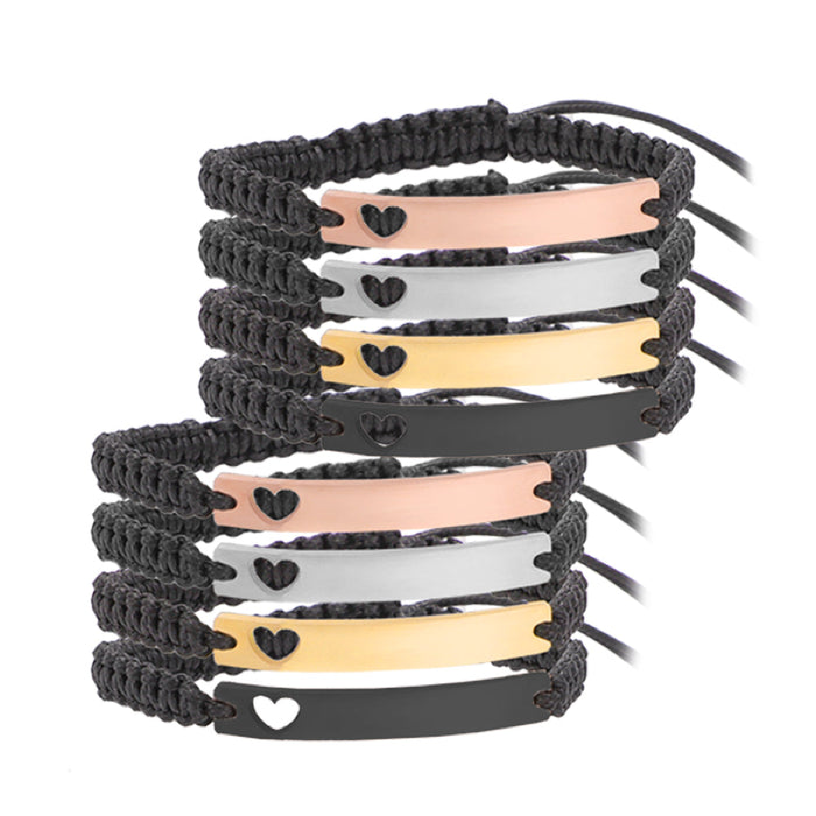 A stack of adjustable personalized bracelets featuring black braided cords and metal plates in rose gold, silver, gold, and black finishes, each engraved with a small heart cutout, designed for custom engraving of names, dates, or messages.