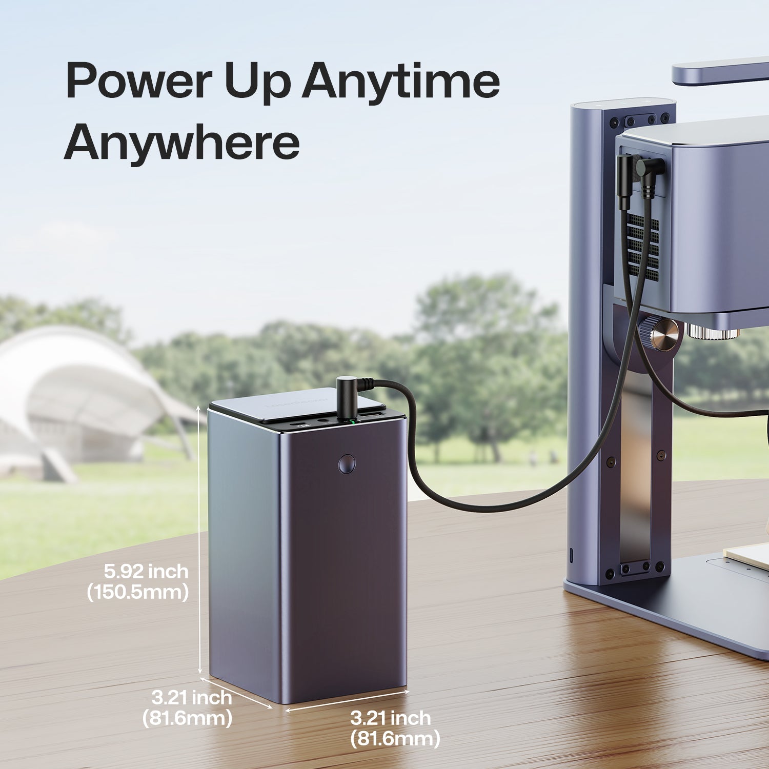 LaserPecker portable power bank in an outdoor setting, dimensions 150 by 82 millimeters.