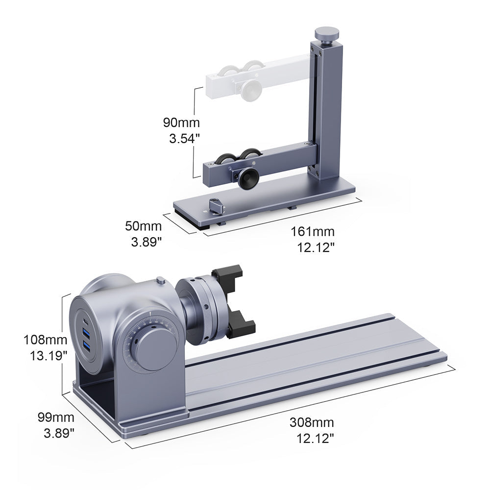laserpecker rotary extension 308 millimeters long with adjustable tailstock for cylindrical and spherical engraving.