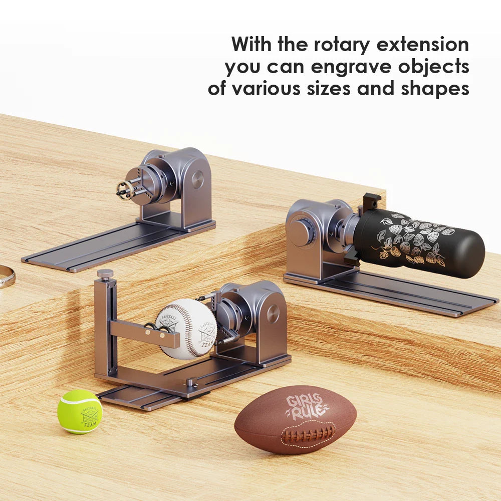 laserpecker rotary extension engraves cylindrical and irregularly shaped objects in various sizes.