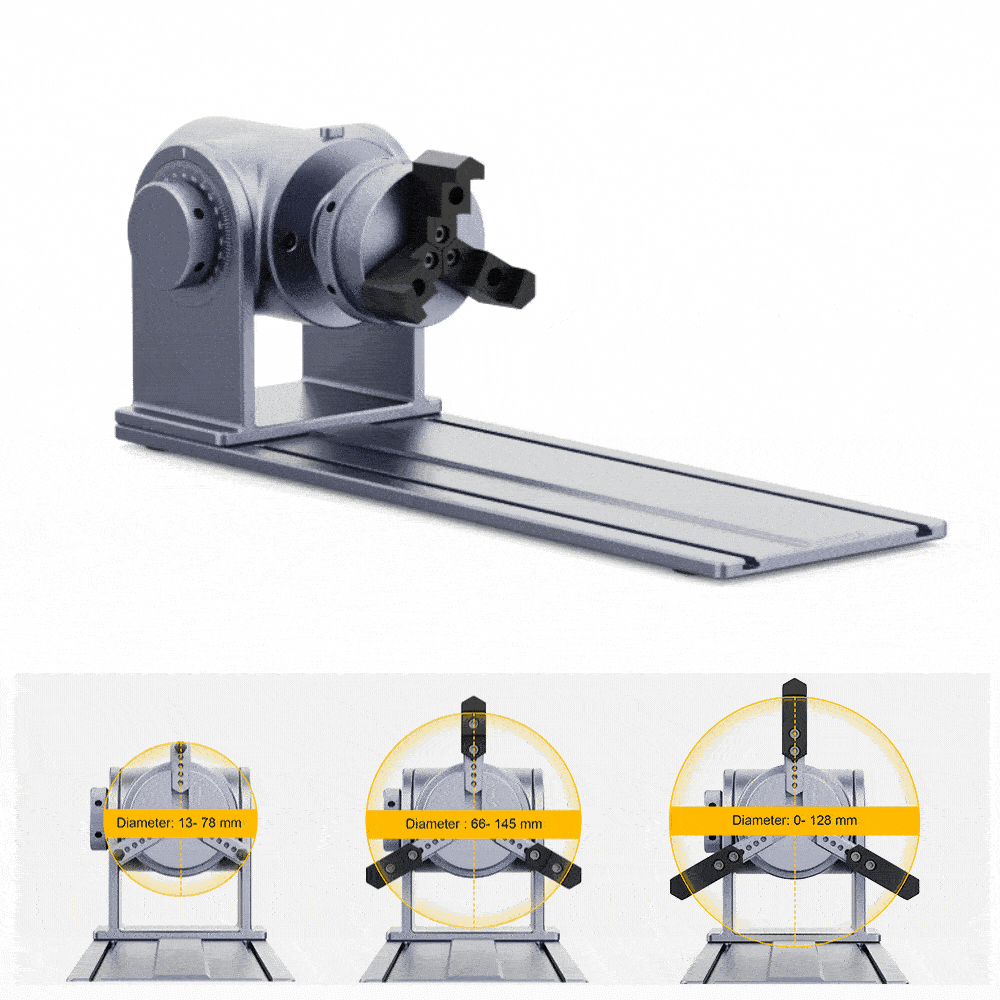LaserPecker 3-jaw rotary chuck with adjustable clamping ranges, designed for cylindrical engraving.