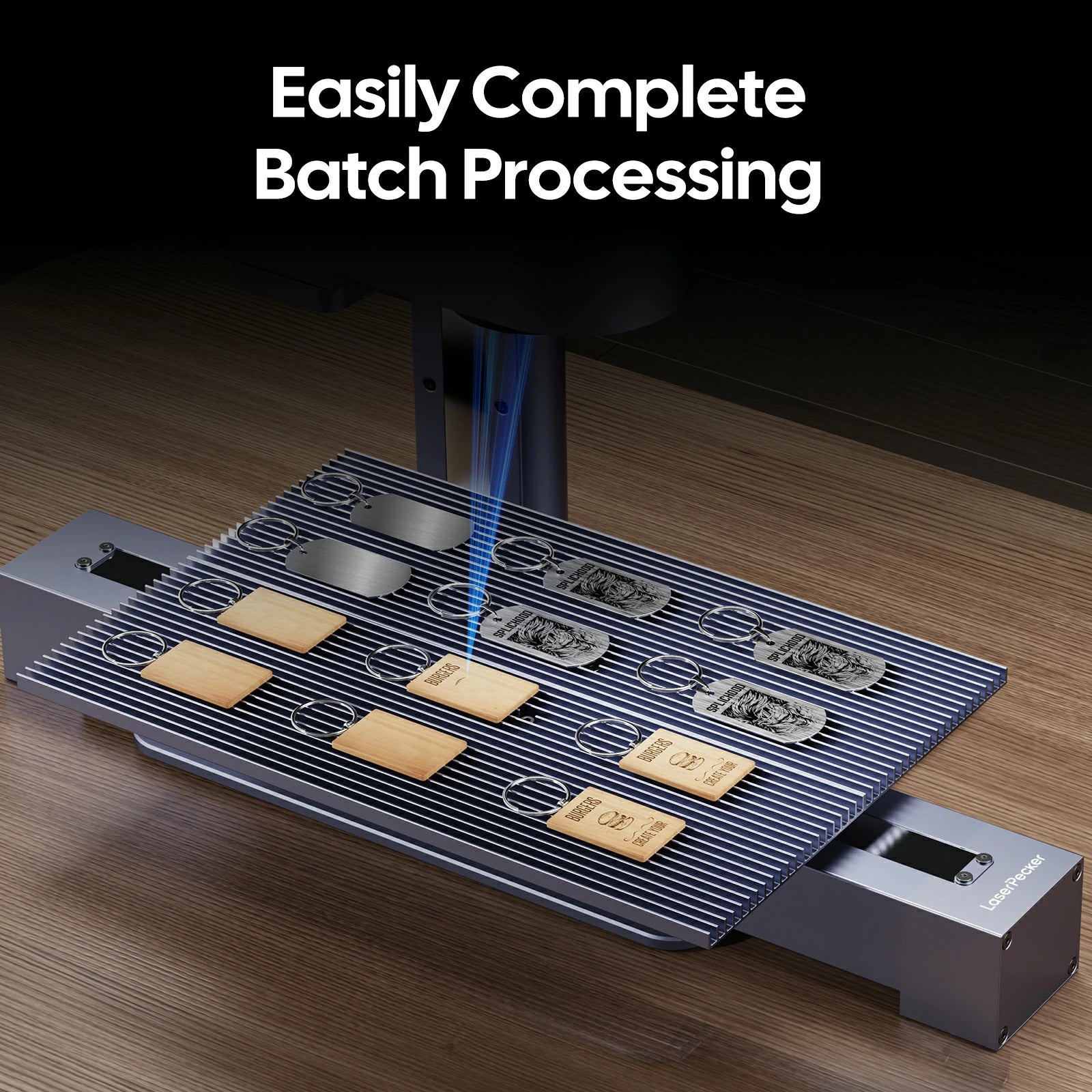 laserpecker slide extension worktable batch processing multiple keychains and small wooden panels.