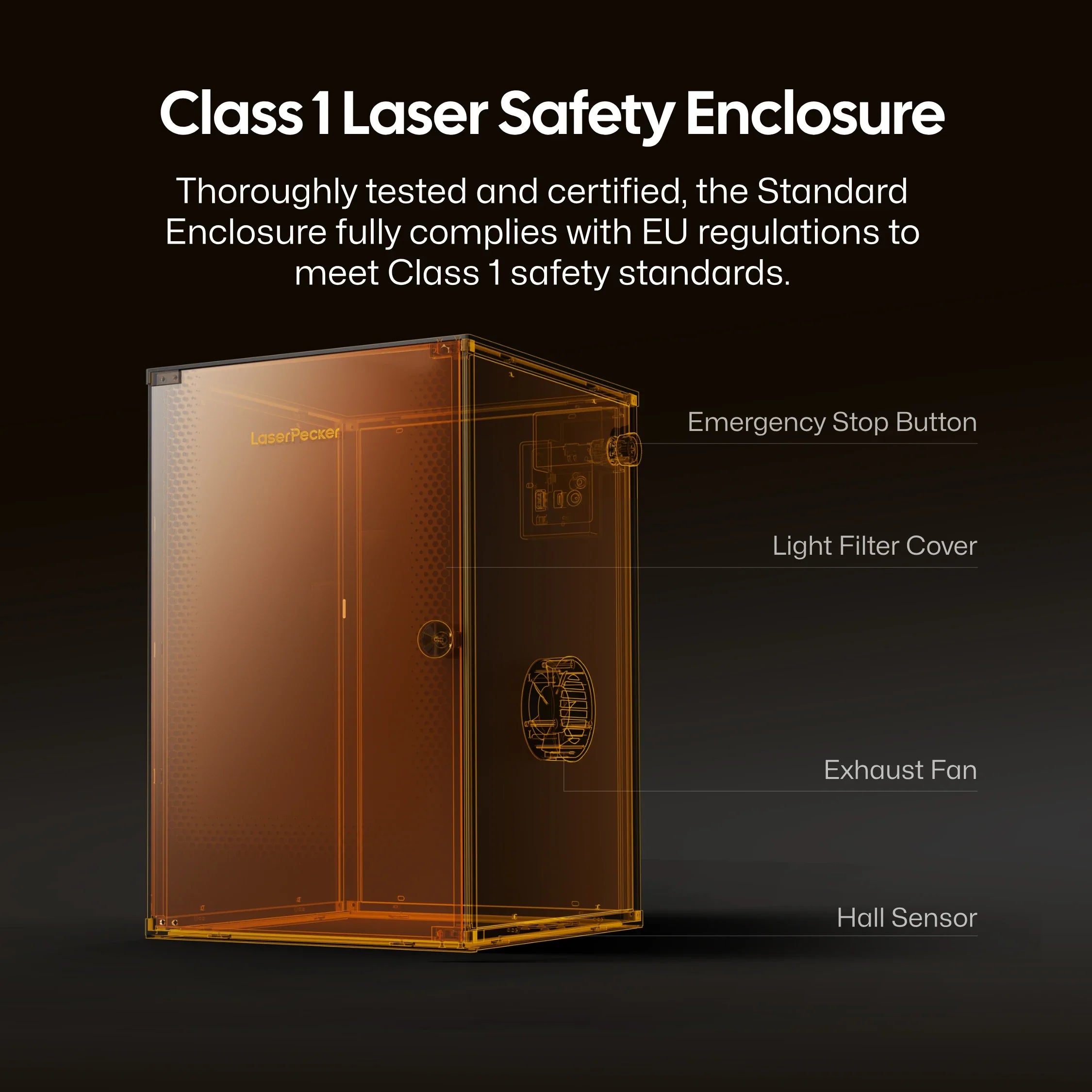 laserpecker class 1 laser safety standard enclosure with emergency stop and exhaust fan.