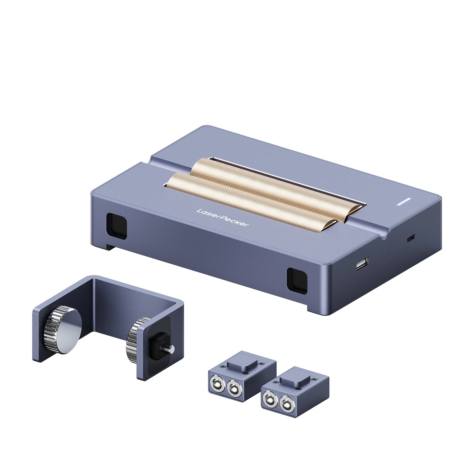 laserpecker versatile electric roller lp2 kit for cylindrical engraving on pens and bottles.